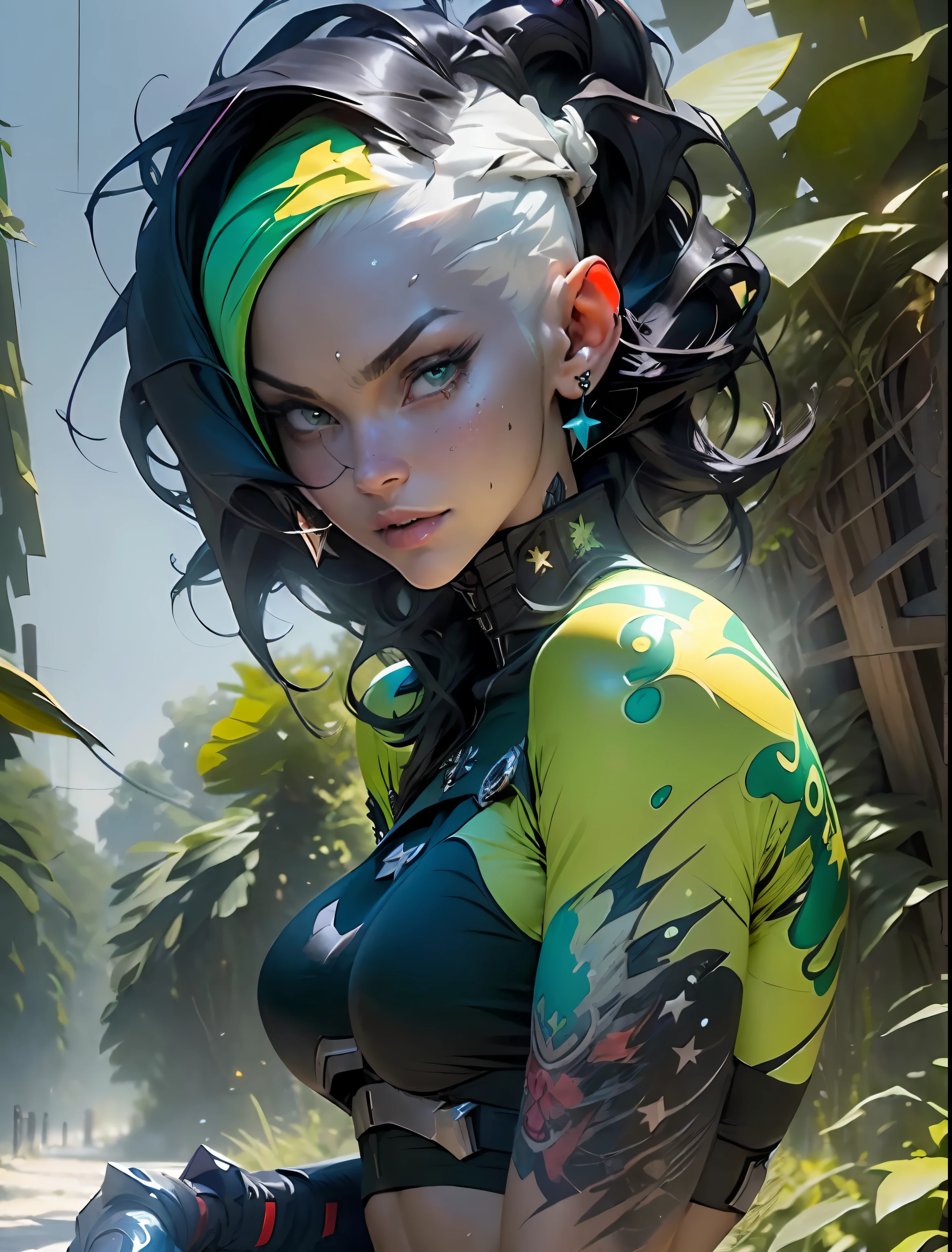 ((Best quality)), ((masterpiece)), (detailed: 1.4), (((100% green)))), woman defined body, full body, bare thighs, body parts covered by futuristic retro clothing, rays painted by body body, green is the predominant color in clothing, wear blue, yellow, tanned and sweaty skin, (((large breasts)) perfect, generous neckline, pastel, black mohawk hair with small white locks, short underwear, cinta liga, por mucha, niji, close to real, best quality, almost naked, psychopath, crazy face, action pose, sexy pose, starry night background, imitating outfit, tattoos flag of Brazil, green bra with white stars, 5-pointed stars painted the breasts, (((clothes with the colors of the flag of Brazil)))), shoulder pads with pointed pins, red eyes without pupils, HDR (High Dynamic Range),Ray Tracing,NVIDIA RTX,Super-Resolution,Unreal 5,Subsurface Dispersion, PBR Texture, Post-processing, Anisotropic filtering, Depth of field, Maximum clarity and sharpness, Multilayer textures, Albedo and specular maps, Surface shading, Accurate simulation of light-material interaction, Perfect proportions, Octane Render, Two-tone lighting, Wide aperture, Low ISO, White balance, Rule of thirds, 8K RAW, crysisnanosuit
