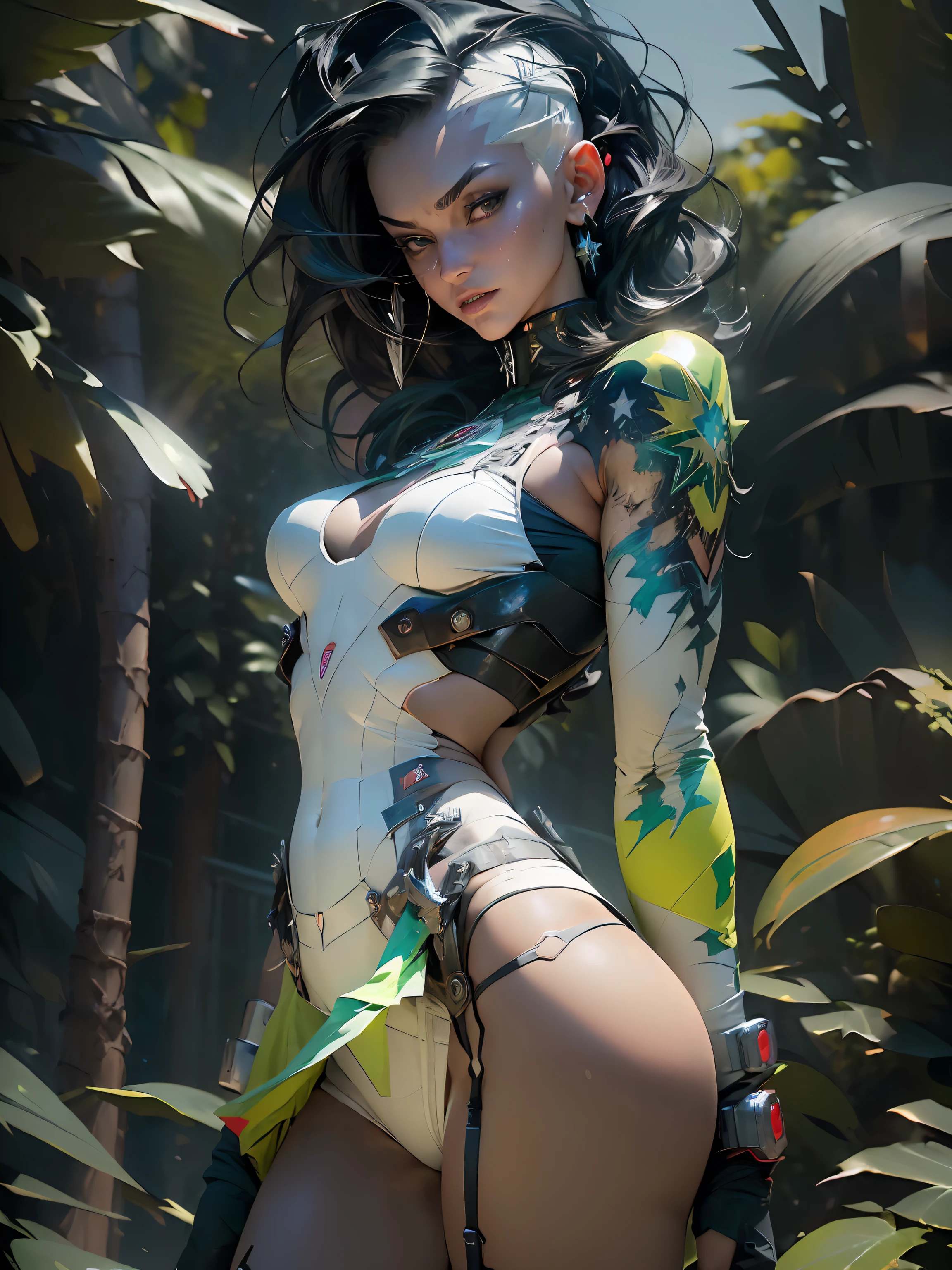 ((Best quality)), ((masterpiece)), (detailed: 1.4), (((green))), woman defined body, whole body, bare thighs, body parts covered by futuristic retro clothing with various stickers glued by the body, green is the predominant color in clothing, use blue, yellow and a little white, tanned and sweaty skin, (((large breasts)) perfect, generous neckline, pastel, black mohawk hair with small white locks, short underwear, garter belt, by mucha, niji, close to real, best quality, almost naked, psychopath, crazy face, action pose, sexy pose, starry night background, imitating outfit, tattoos flag of Brazil, green bra with white stars, 5-pointed stars painted the breasts, ((((clothes with the colors of the flag of Brazil))), shoulder pads with pointed pins, Red eyes without pupils, HDR (High Dynamic Range),Ray Tracing,NVIDIA RTX,Super-Resolution,Unreal 5,Subsurface dispersion, PBR texture, Post-processing, Anisotropic filtering, Depth of field, Maximum clarity and sharpness, Multilayer textures, Albedo and specular maps, Surface shading, Accurate simulation of light-material interaction, Perfect proportions, Octane Render, Two-tone lighting, Wide aperture, Low ISO, White balance, Rule of thirds, 8K RAW, crysisnanosuit