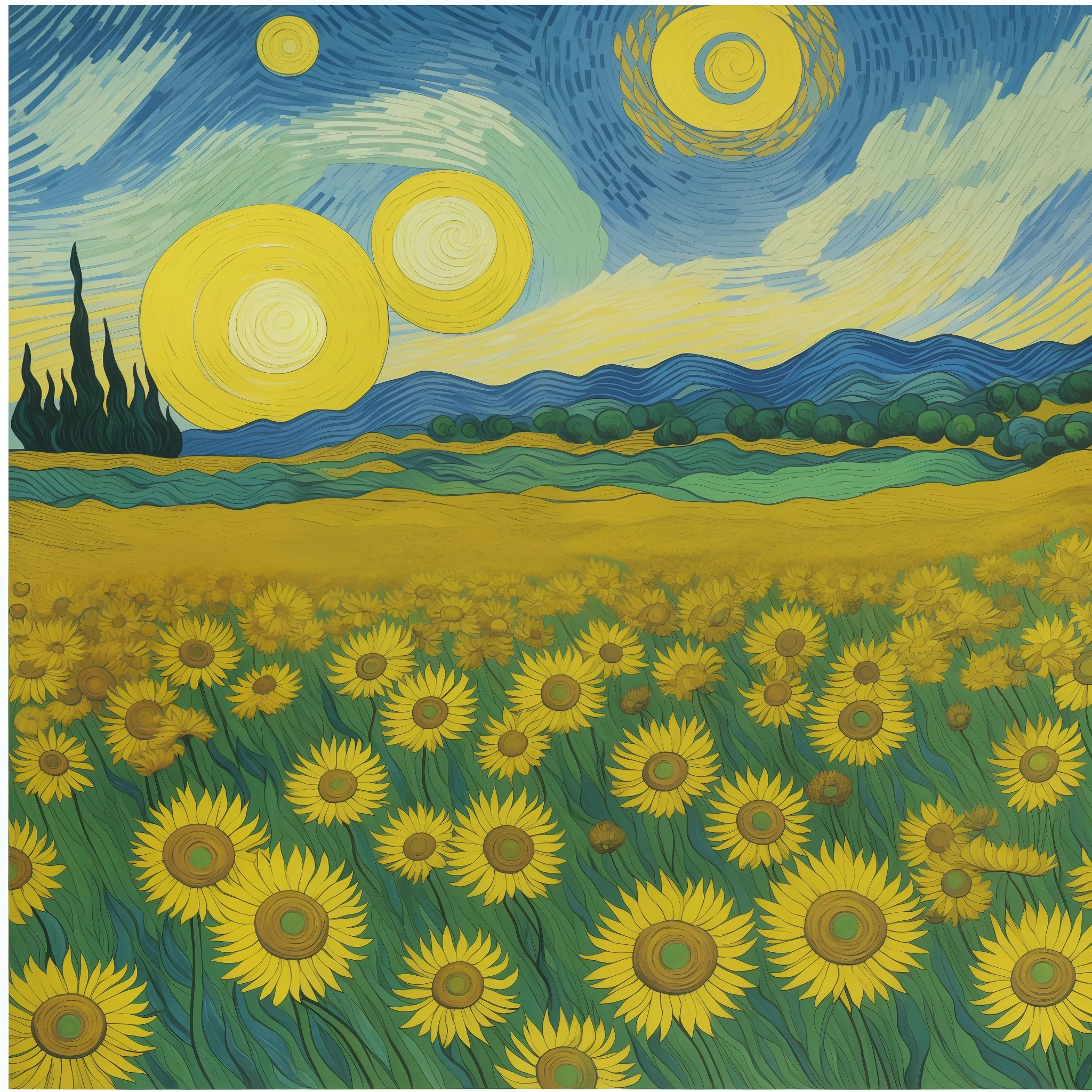 a painting of a field with a sky and sun in the background, van gogh art style, in style of van gogh, van gogh style, vincent van gogh style, vibrant art, inspired by Van Gogh, painting of a dreamscape, style of van gogh, breathtaking art, vibrant oil painting, inspired by Vincent Di Fate, inspired by Vincent Van Gogh