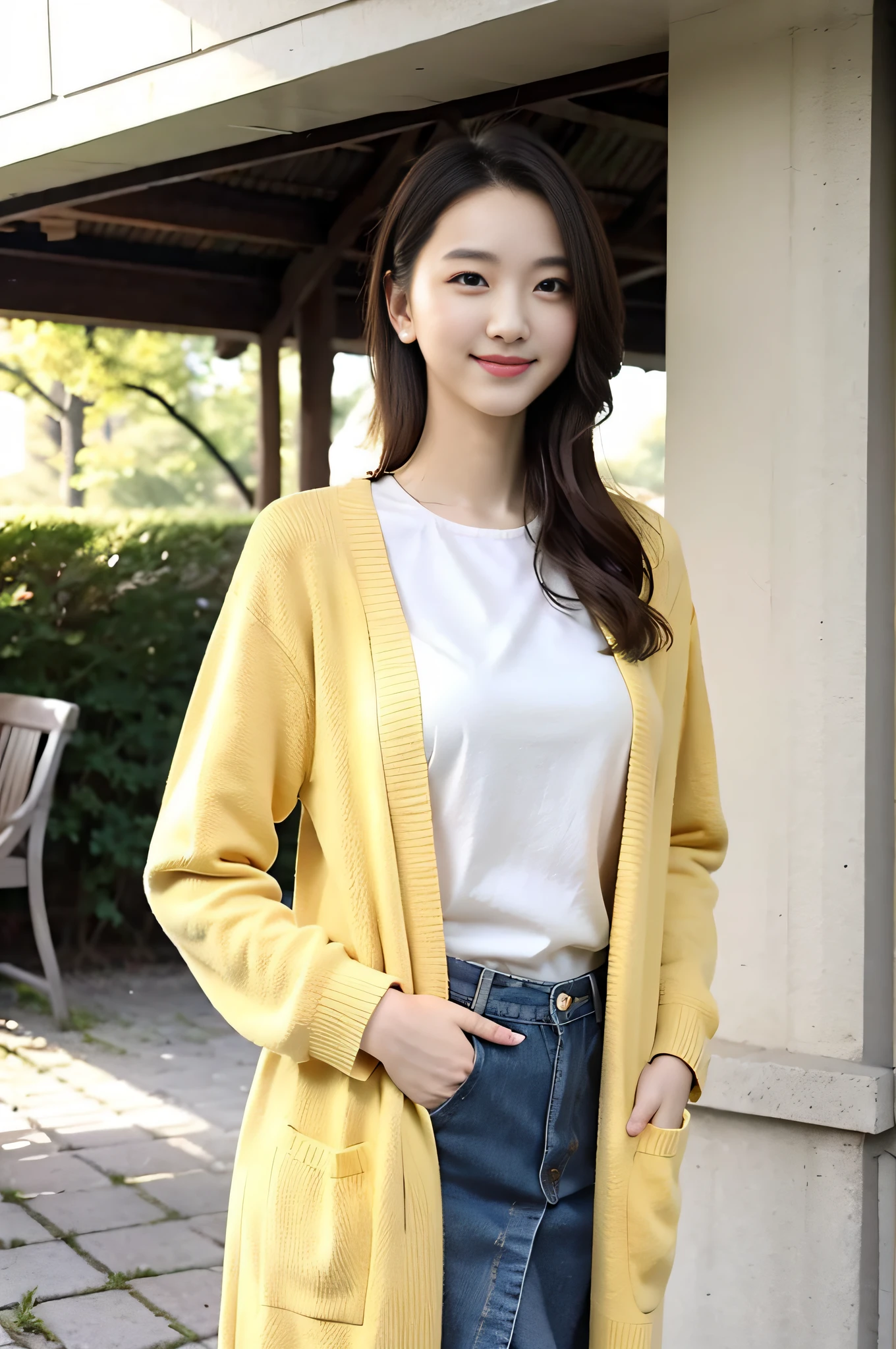Yellow long cardigan, slender beauty 1, standing, light smile, looking at camera, park