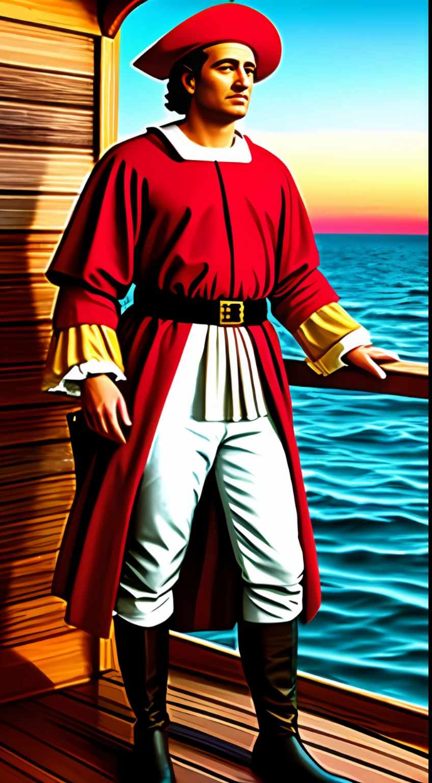 Christopher Columbus, in period-appropriate attire, standing on the deck of a wooden ship, looking out at the horizon, sunrise, clear sky, ocean waves, realistic style