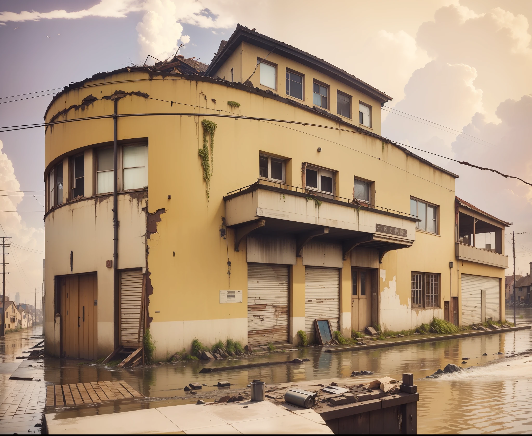 Apocalypse magem, crumbling buildings, rubble, fire+, dirty water, running river, rapids,waves, realistic epic, hdr++, abandoned building,abandoned objects, many abandoned objects, rusty metals flood, dirty water,floating debris, neutral colors,, refractions of screen space, (complex details)+, complex details+, houses falling n o mio of the street shaking the waterhyperdetailed+, artistic station, cinematic plan, vignette, complex background,,bush on the sidewalk,rusty carcasses on the ground, , birds flying, frogs, leaves floating in the water, water running in the mei of the scene, lots of vegetation on the roof of the houses, vegetation on the water's edge, plants in the water, frogs in the water, herons in the water, vultures flyingbush photorealistic on the façade