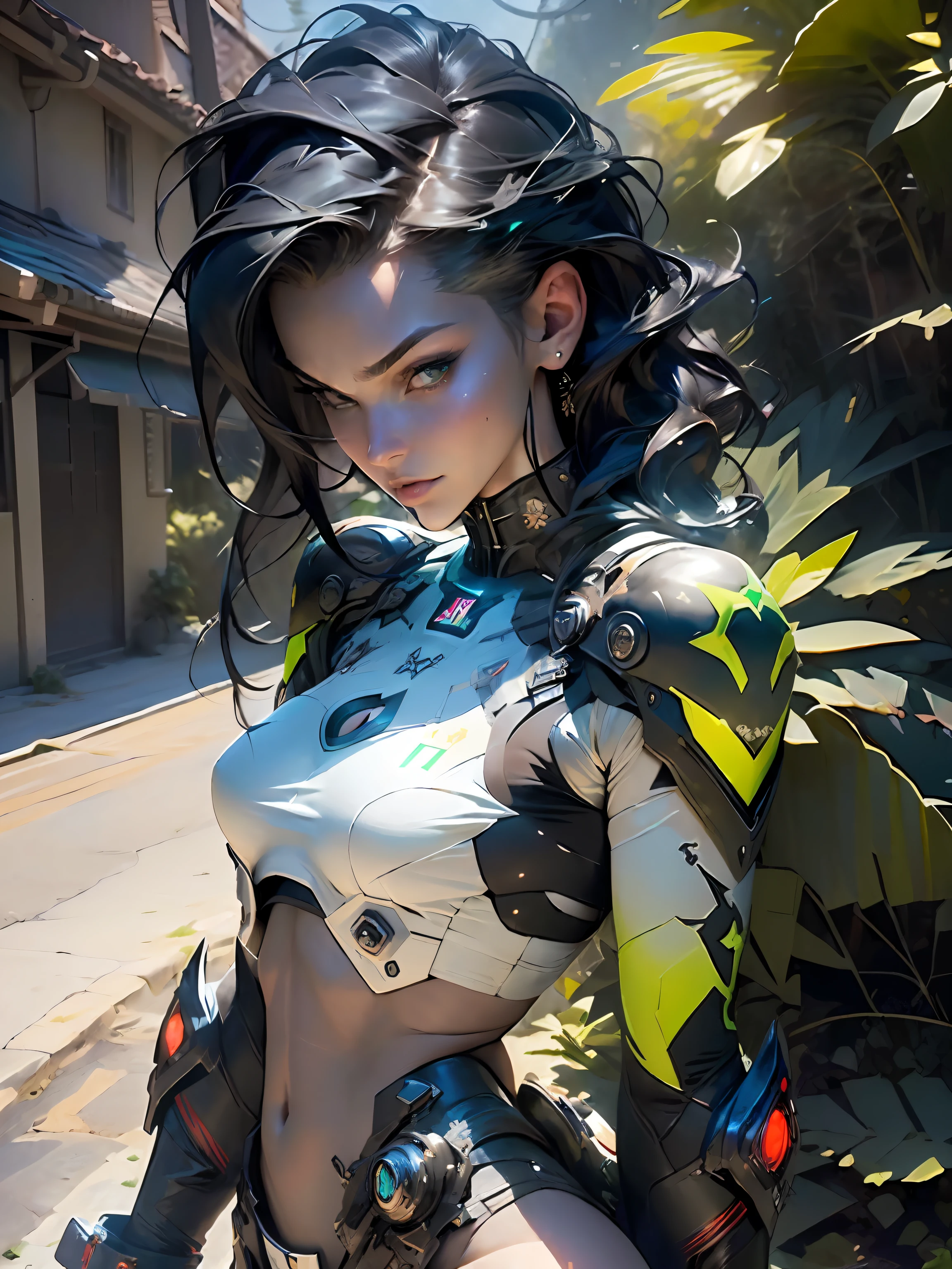 ((Best quality)), ((masterpiece)), (detailed: 1.4), woman defined body, full body, bare thighs, body parts covered by futuristic retro clothing with various stickers glued by the body, green is the predominant color in clothing, use blue, yellow and a little white, tanned and sweaty skin, (((large breasts)) perfect, generous neckline, pastel, black mohawk hair with small white locks, short underwear, garter belt, by mucha, niji, close to real, best quality, almost naked, psychopath, crazy face, action pose, sexy pose, starry night background, imitating outfit, hexagonal tattoos, green bra with white stars, 5-pointed stars painted the breasts, (((clothes with the colors of the flag of Brazil))), shoulder pads with pointed pins, Red eyes without pupils, HDR (High Dynamic Range),Ray Tracing,NVIDIA RTX,Super-Resolution,Unreal 5,Subsurface dispersion, PBR texture, Post-processing, Anisotropic filtering, Depth of field, Maximum clarity and sharpness, Multilayer textures, Albedo and specular maps, Surface shading, Accurate simulation of light-material interaction, Perfect proportions, Octane Render, Two-tone lighting, Wide aperture, Low ISO, White balance, Rule of thirds, 8K RAW, crysisnanosuit