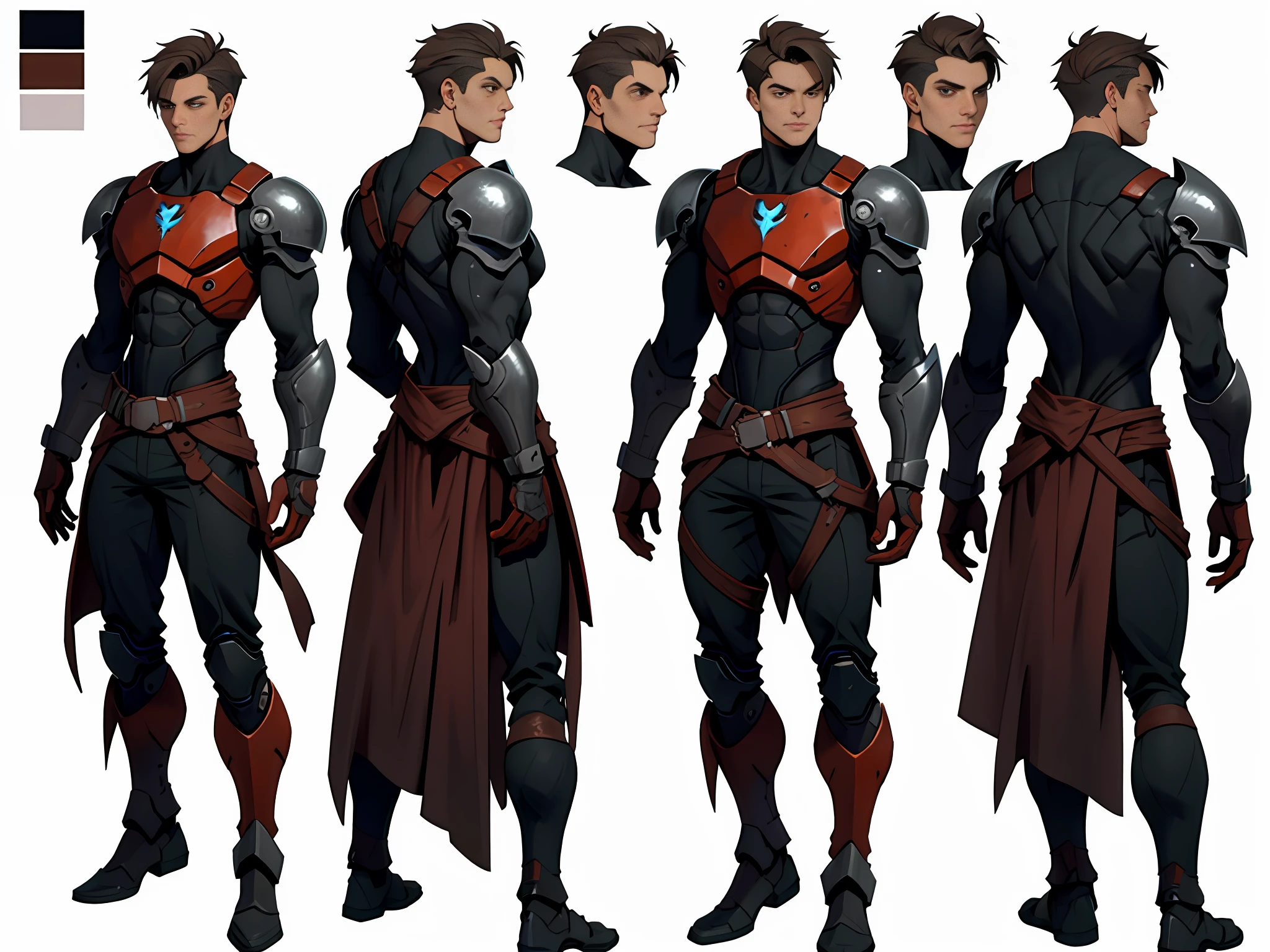 ((masterpiece)),(((best quality)),((character design sheet, same character, front, side, back)),illustration,(1 man, short hair, dark eyes, apocalypse survivor, sawed-off eyes, wearing rusty armor), ambient scene change, pose too, male human, strong body, character model sheet, (single background, white background: 1.3), artstation, digital painting, symmetrical body, proportional body,  well designed, 4k