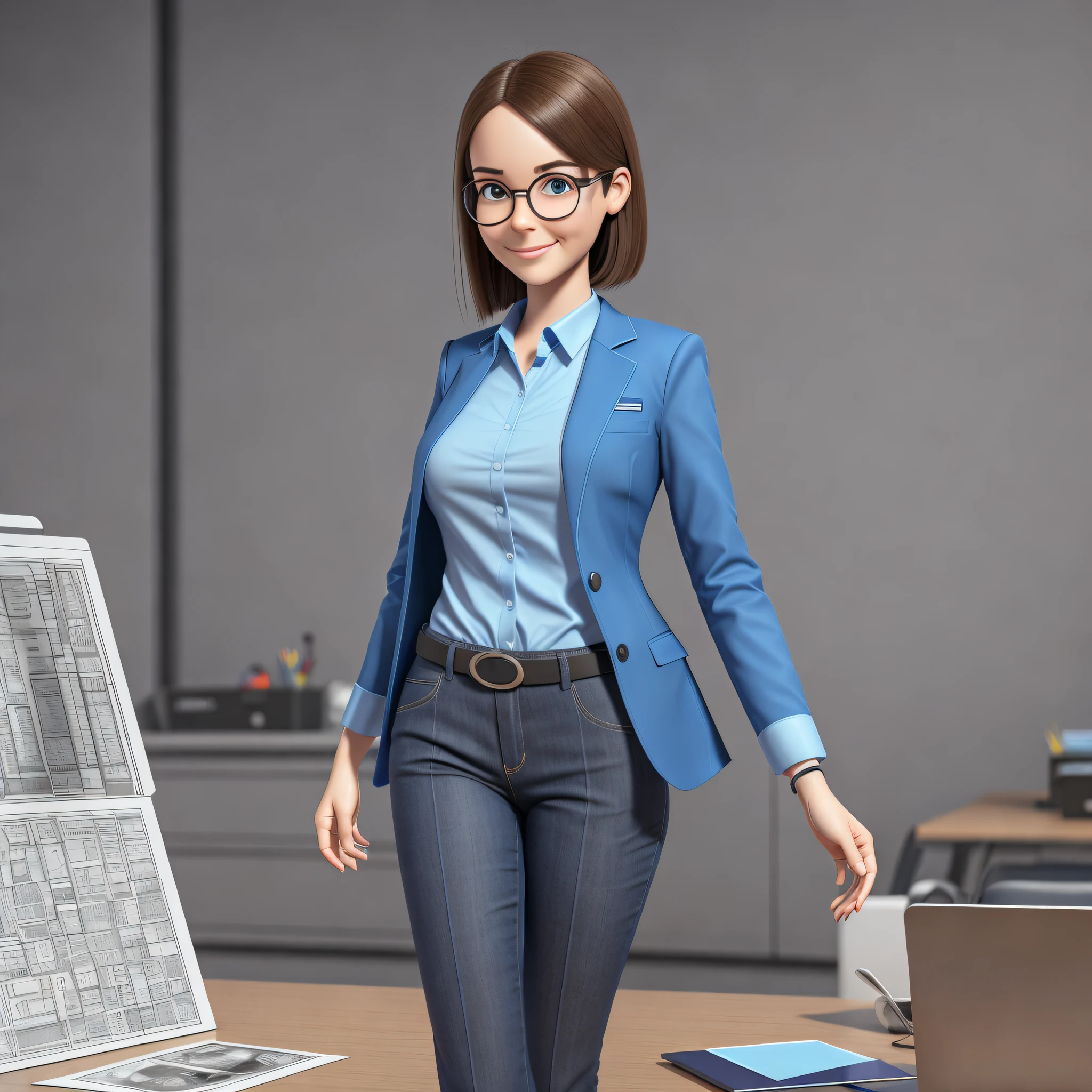 a drawing woman, realistic, happy, mounting cell phone, holding cell phone, animated wearing glasses and a blue shirt, wearing suit, a 3d render of Pixar, contest winner, full body, cut, beautiful girl, pixabay, adafruit, furaffinity, vray tracing --auto --s2