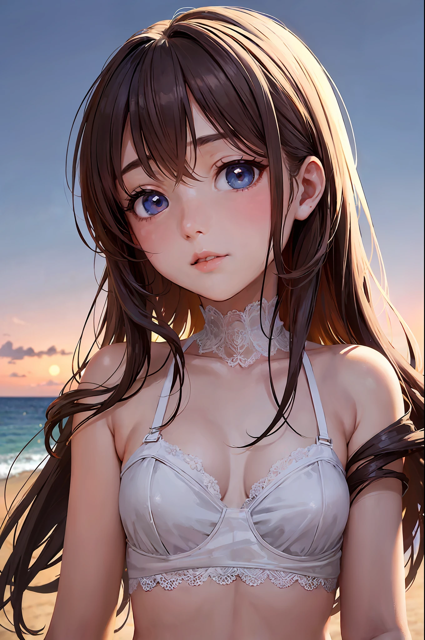1girl, in lingerie, lace lingerie, on the beach, blurred background, detailed face, anime wide eyes, big dreamy eyes, smooth soft skin, beautiful intricate hair, hair between eyes, eyebrows visible through the hair, looking at the viewer, blue eyes, brown hair, whole body, navel, small breasts