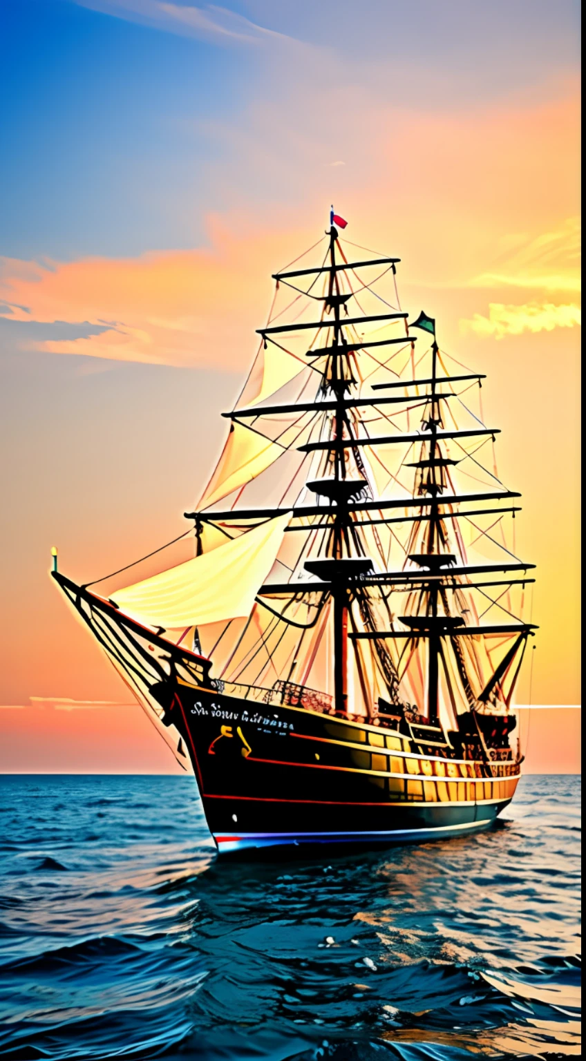 The Santa Maria, Christopher Columbus's ship, sailing on calm seas towards a vibrant sunset, detailed, realistic style