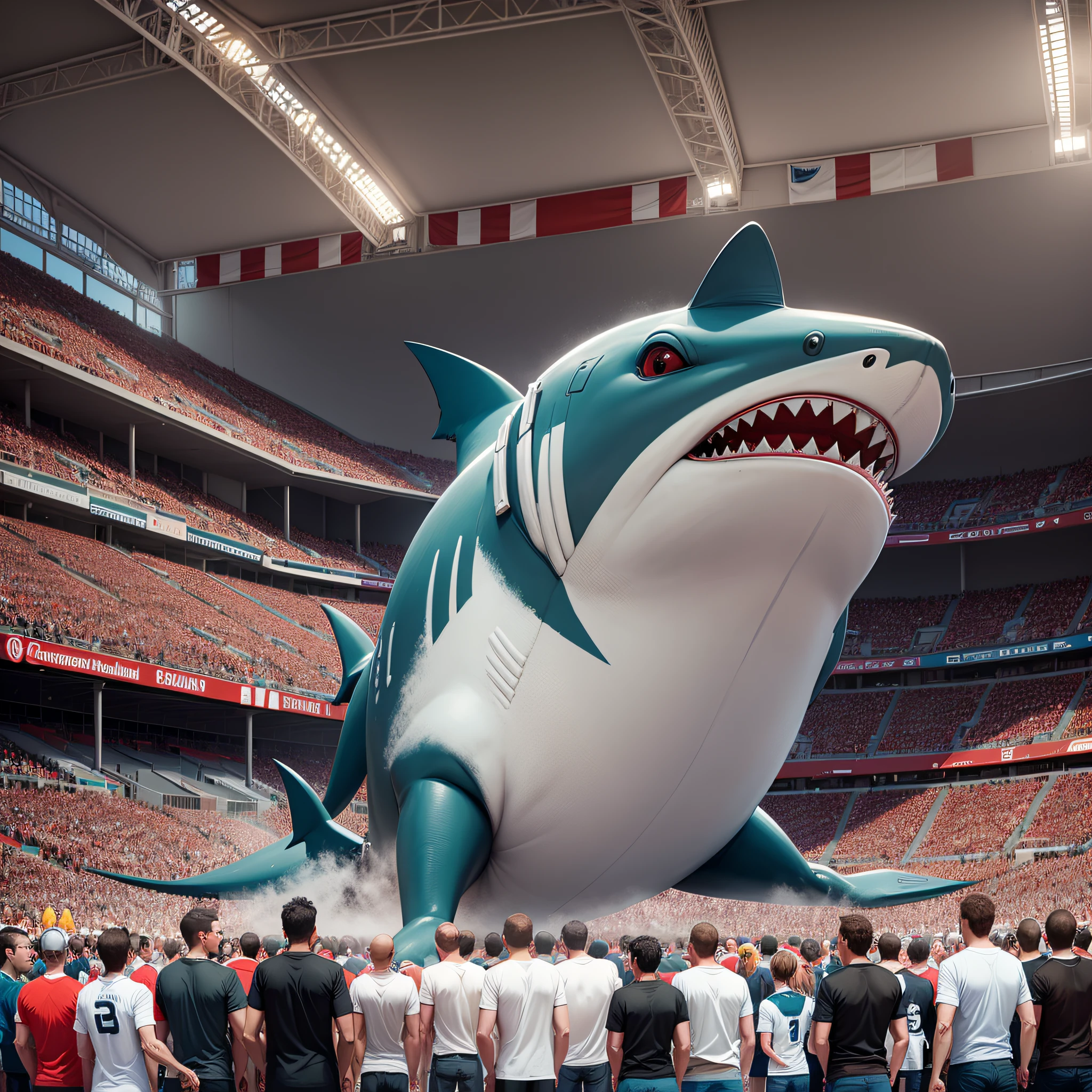 strong shark in a soccer stadium and the crowd in red white and black --auto --s2