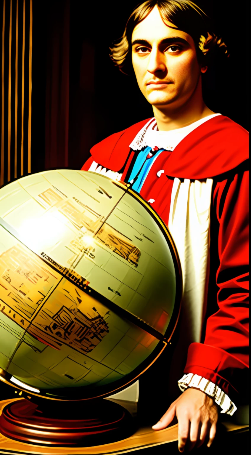 Christopher Columbus in period-appropriate attire, looking intently at a vintage-style globe, indoor setting, warm lighting, realistic style