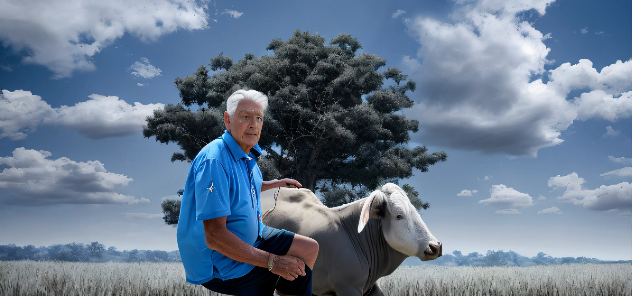 80-year-old man, gray hair, blue shirt, black shorts, next to a white bull in a field, digital painting," [digital art]!!, digital painting, intricate details, ultra realistic, 4k