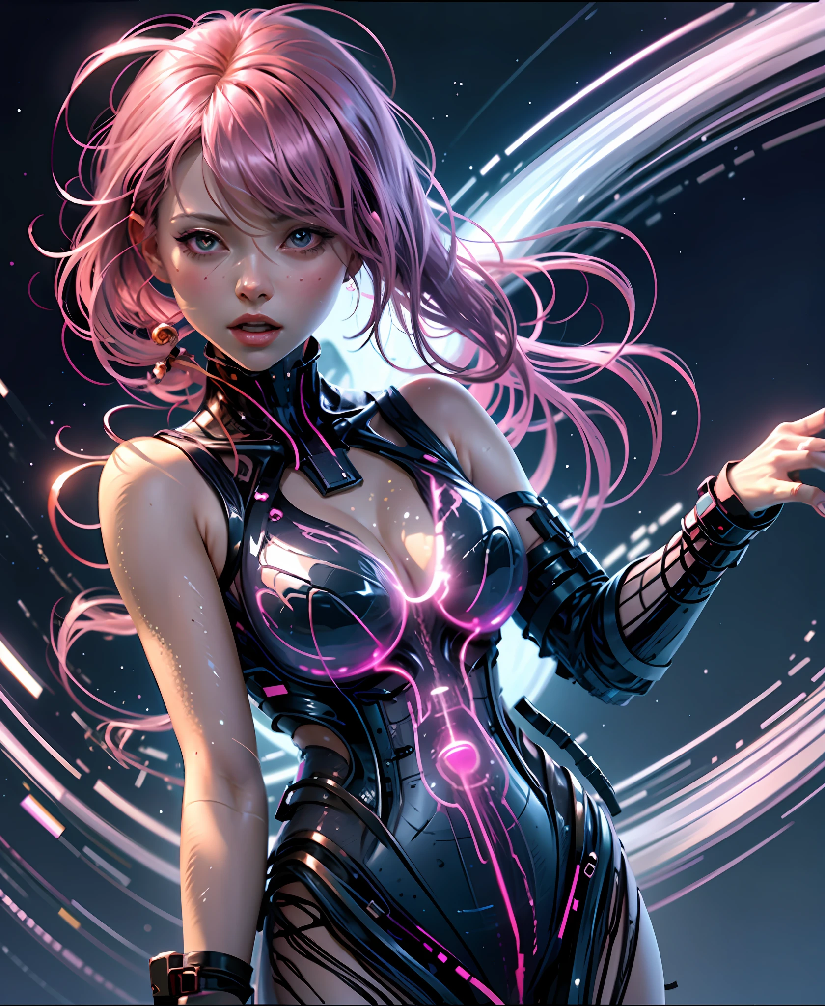 glowart: 1.0), (bright, sketch, drawing: 1.0), 1girl, bangs, red eyes bright relucent light in hair, blush, collarbone, hair between eyes, long hair, looking at viewer, bra, open mouth, pink hair, portrait, shiny, shiny hair, side ponytail, solo, wet, wet hair