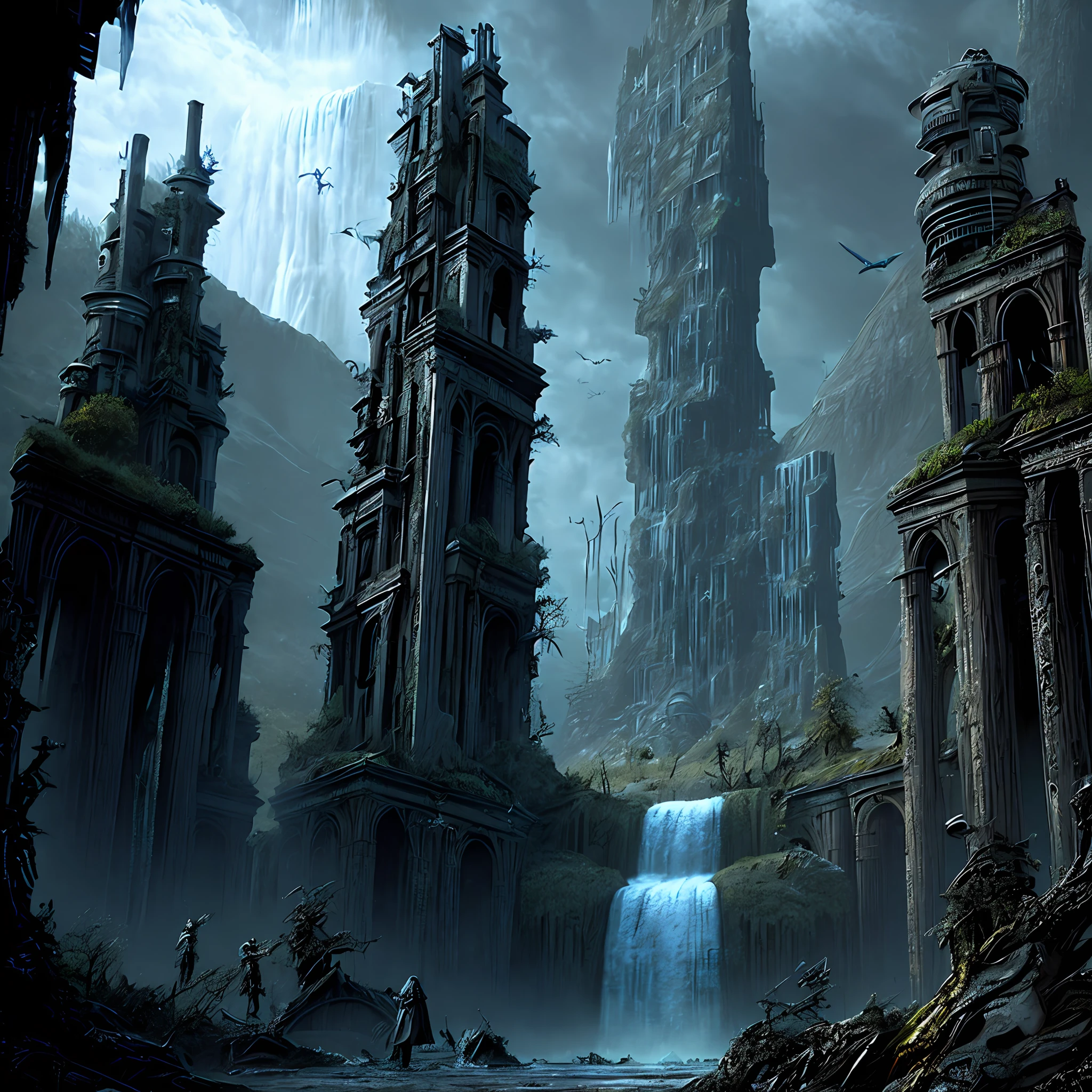 Futurist scenario of horror, biomechanical rotten monuments, dark valley, machine buildings, polluted waterfall, ruins, around Strong shadows, digital art, horror art, UHD, hyperdetailed painting, art by Derek Riggs and Dan Seagrave and H.R. Giger
