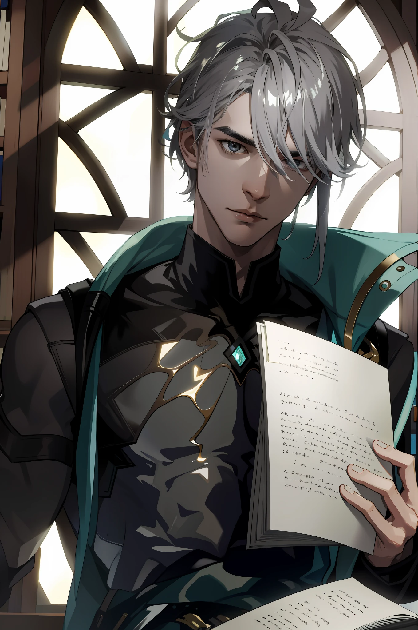 (absurdres, highres, ultra detailed), 1 male, young man, grey hair, dramatic lighting, detailed, masterpiece, in the library with books and paper scrolls