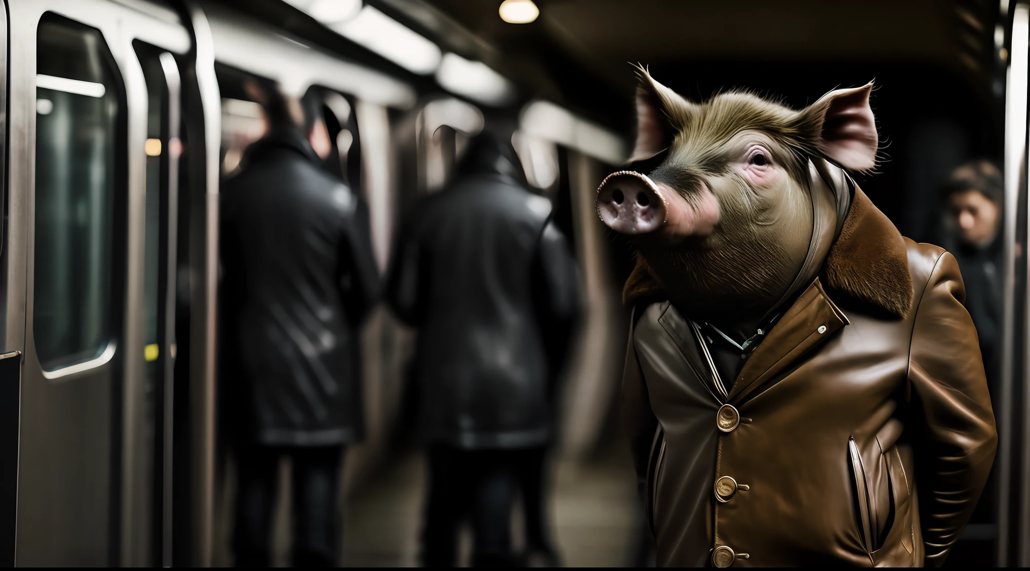 A pig in a leather suit stands in the subway