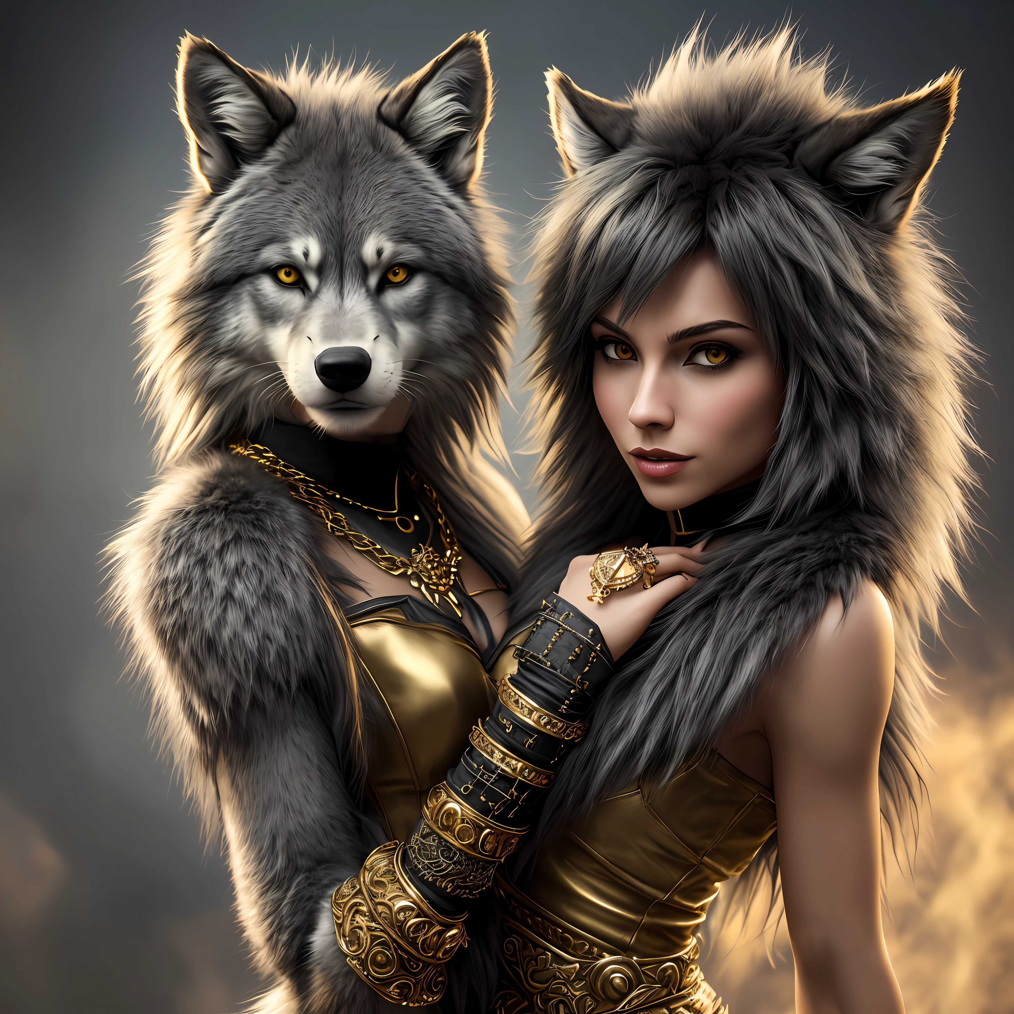 (werewolf head and hand), half woman half wolf, yellow pupils, wolf ears, wool, (sexy dynamic pose), looking away from the camera, small waist, detailed fur, fangs, grin, (claws on paws), intricate detail, gold chain-shaped belt, bracelets and necklace, ultra wide angle, in focus, dark epic background, gorgeous lifelike, moody silver fur design, the full and whole body, full length shot, hyper details, lighting art, cinematic, insane details, intricate details, hyperdetailed, goth, fractal, dark shot, (masterpiece), Raw photo, best quality, ultra high res, high quality, 8k uhd, dslr,