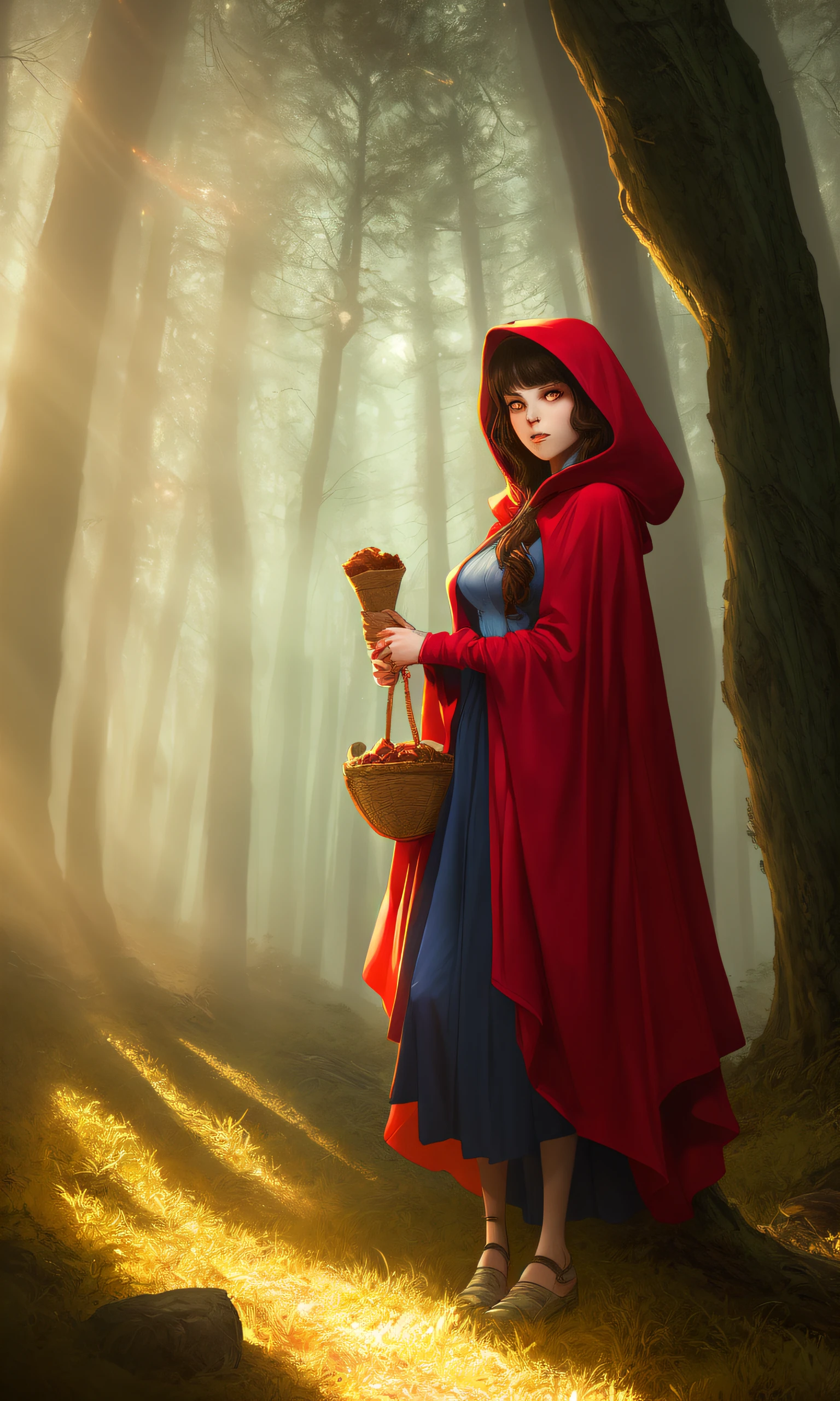 closeup portrait of a cute red riding hood in a dark spooky forest, big bad wolf in background, scary, (backlighting), realistic, masterpiece, highest quality, ((red hooded cape)), basket of food on ground,  ((scared)), lens flare, shade, bloom, ((light sparkles)), [chromatic aberration], by Jeremy Lipking, by Antonio J. Manzanedo, by (Alphonse Mucha), digital painting, (fantasy wizard:1.3), (perspective:1.1), (from below:1.1), (erotic wizard robe:1.2), (|staff|wand|tome|:1.1), (in the style of Dungeons & Dragons and Lord of the Rings:1.3), (powerful:1.3), (portrait:1.1), (neon glowing skin:1.1), (mandala:1.2), (serene:1.1), (intricate:1.2), (elegant:1.2), (highly detailed:1.1), (digital painting:1.1), (artstation:1.1), (concept art:1.1), (smooth:1.1), (sharp focus:1.1), (illustration:1.1), (art by artgerm and greg rutkowski and alphonse mucha:1.3), (8k:1.1)