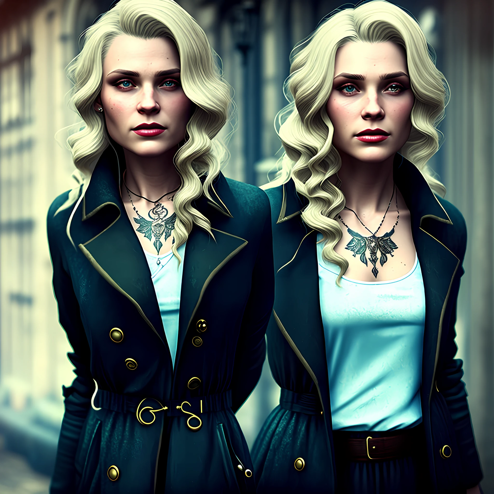 (8k, realistic) Young, Gangster, woman, London, 1920, Scar on face, tattoos, long blonde hair, long dark coat, guns, drugs