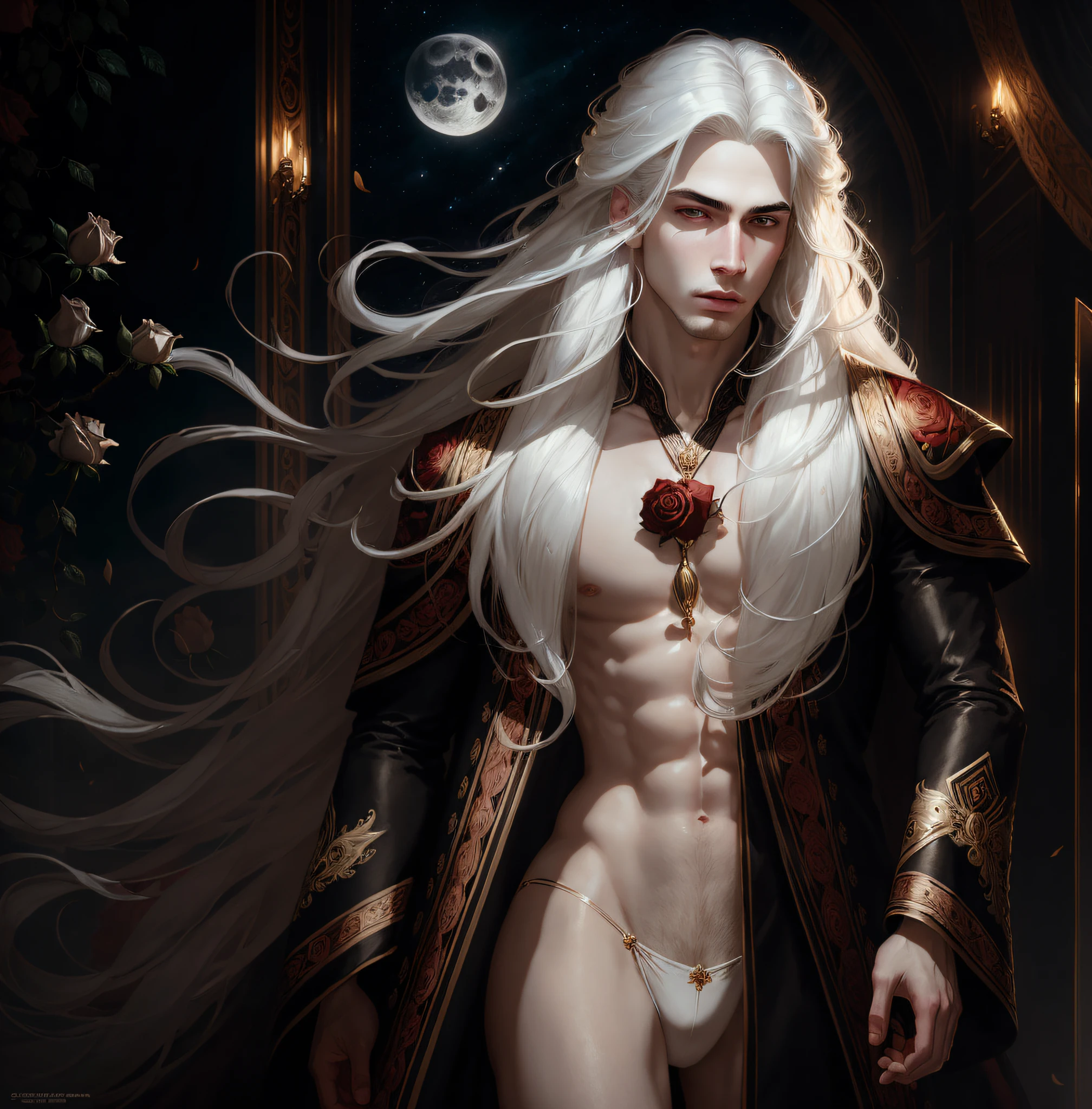 masterpiece, highest quality, (solo focus), (perfect face:1.1), (high detail:1.1),dramatic, 1guy, (pale skin), long white hair, white eyes, [light eyebrows], solo, long hair, moon, night, black luxury thong, bulge, pouty lips, detailed background, art by artgerm and greg rutkowski, cinematic lighting, roses, fashion, BalenciagaStyle
