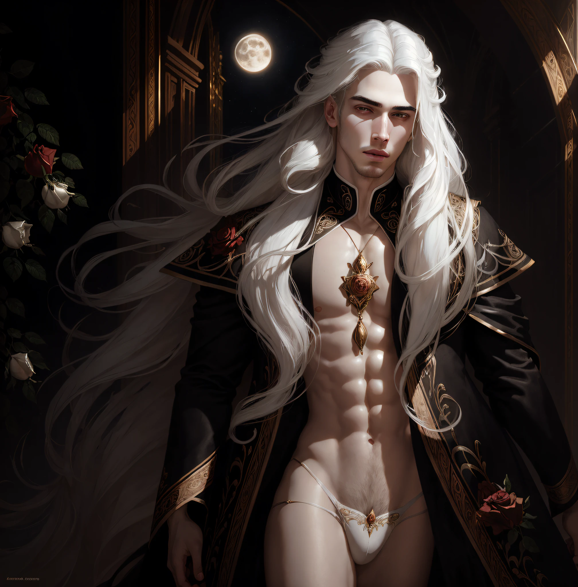 masterpiece, highest quality, (solo focus), (perfect face:1.1), (high detail:1.1),dramatic, 1guy, (pale skin), long white hair, white eyes, [light eyebrows], solo, long hair, moon, night, black luxury thong, bulge, pouty lips, detailed background, art by artgerm and greg rutkowski, cinematic lighting, roses, fashion, BalenciagaStyle