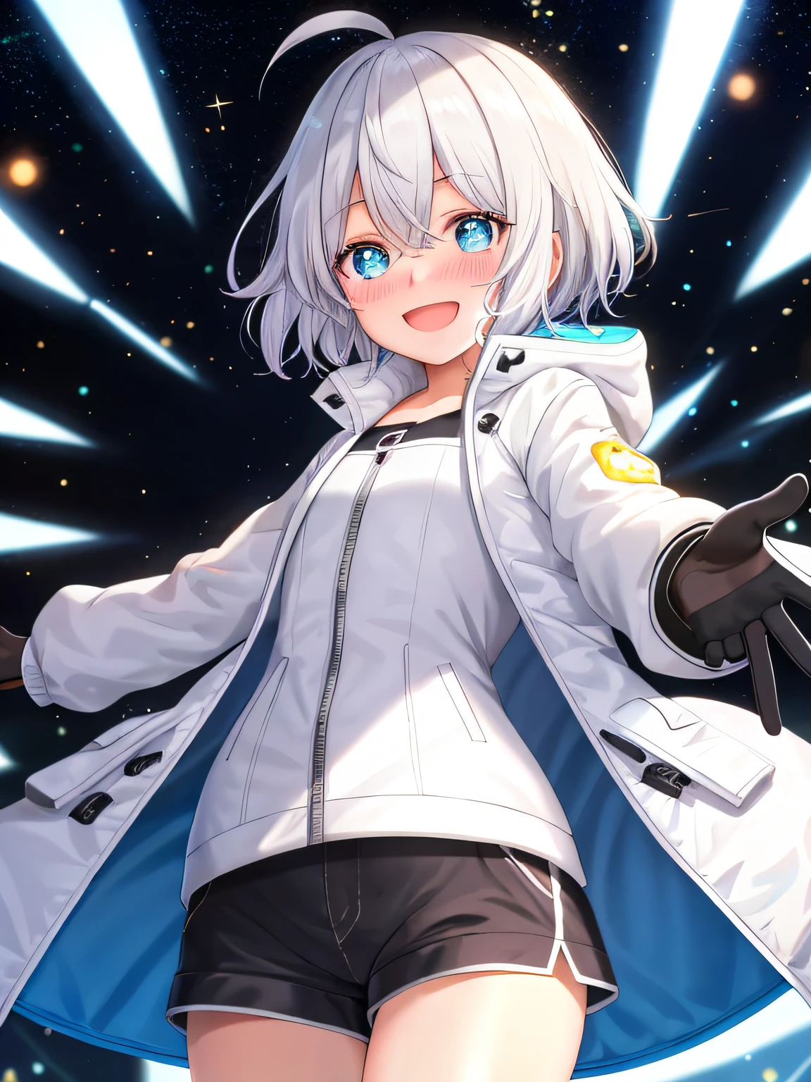 1girl, solo, white hair, short hair, hair between eyes, bangs, white parka, closed jacket, gloves, flat chest, wide hips, down jacket, cyan eyes, cute face, small pupils, blush, android, round eyes, glowing cyan eyes, mechabare, mechanical parts, smile, messy hair, ahoge, excited, starry eyes, open mouth, arms outstretched, :D, puffy shorts, thighs, crazy smile, nose blush, wide eyes, big eyes, flustered, wavy smile, outline