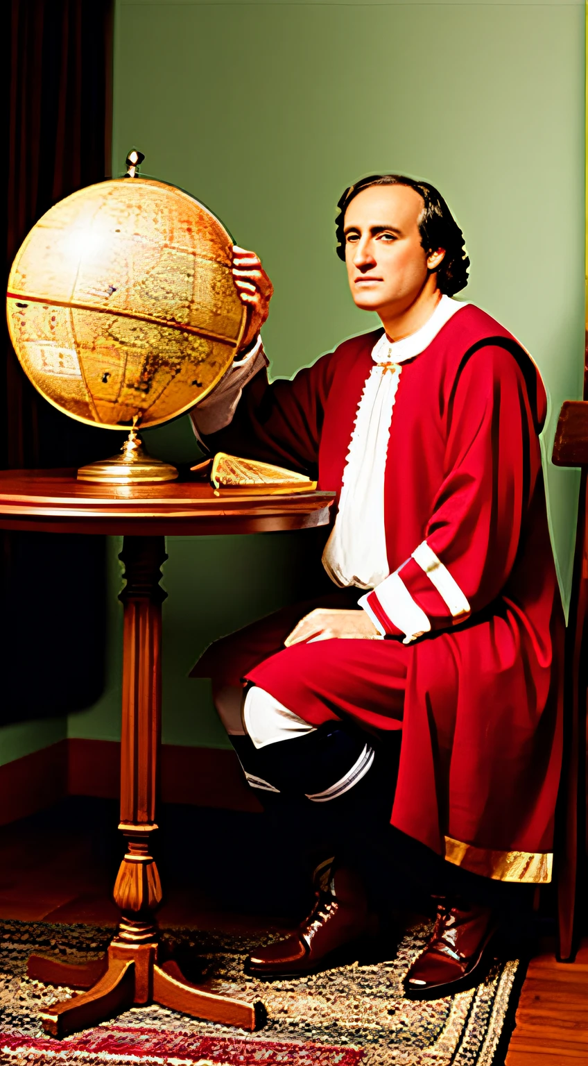Christopher Columbus in period-appropriate attire, looking intently at a vintage-style globe, indoor setting, warm lighting, realistic style