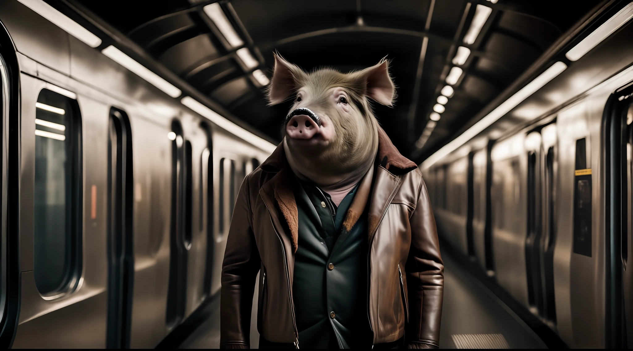 A pig in a leather suit stands in the subway, full body, panorama