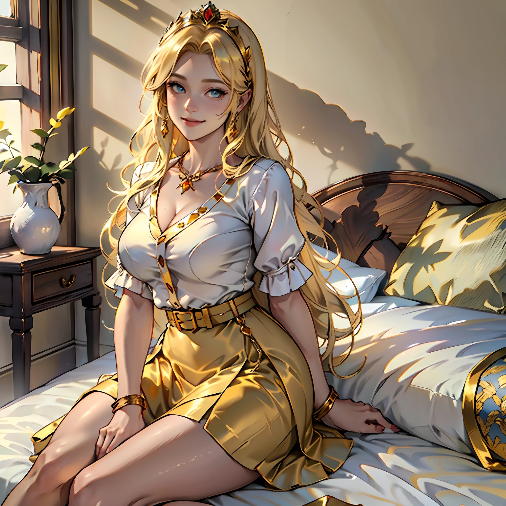 Long blonde hair, noble clothes, princess dresses, beautiful woman, alone, smile, burnt yellow dress, tight white blouse, golden belt, lilac blouse, large breasts, curvy woman, thin waist, thick legs, female boots of burnt yellow color, golden necklace, light blue colored eyes, burnt yellow skirt, sitting on a simple bed, wooden room.
