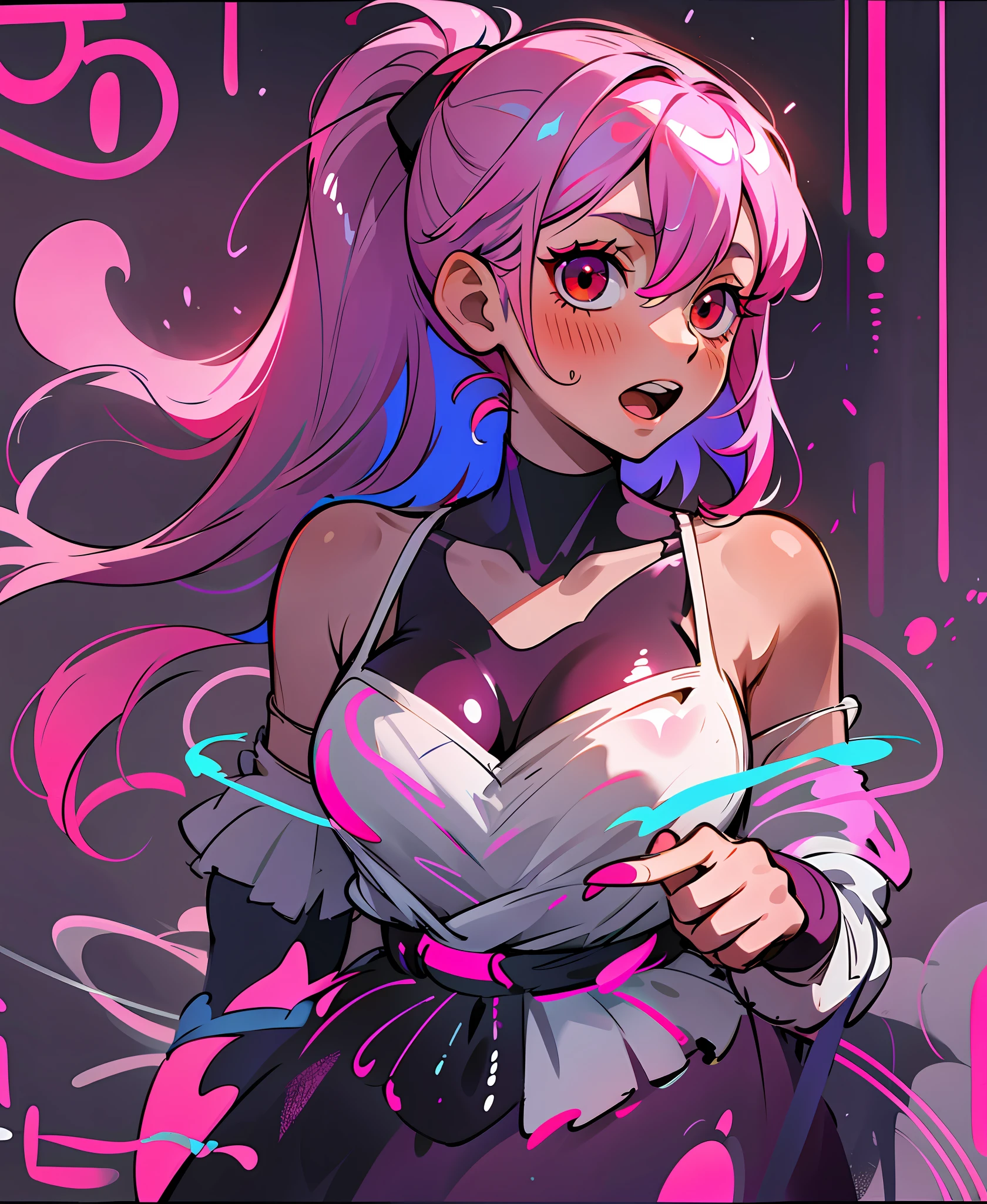 glowart: 1.0), (bright, sketch, drawing: 1.0), 1girl, bangs, red eyes bright relucent light in hair, blush, collarbone, hair between eyes, long hair, looking at viewer, bra, open mouth, pink hair, portrait, shiny, shiny hair, side ponytail,