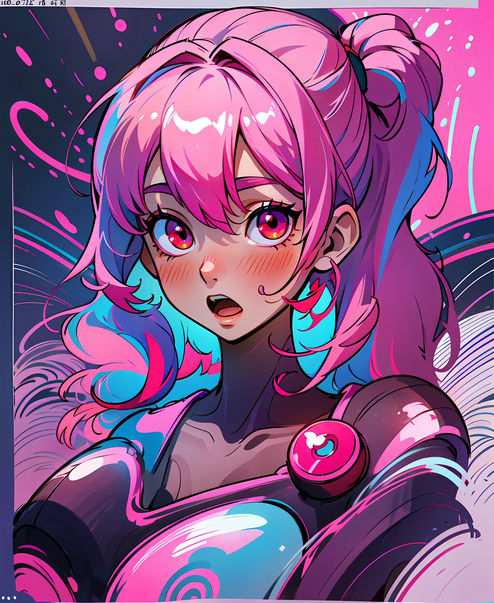glowart: 1.0), (bright, sketch, drawing: 1.0), 1girl, bangs, red eyes bright relucent light in hair, blush, collarbone, hair between eyes, long hair, looking at viewer, bra, open mouth, pink hair, portrait, shiny, shiny hair, side ponytail,