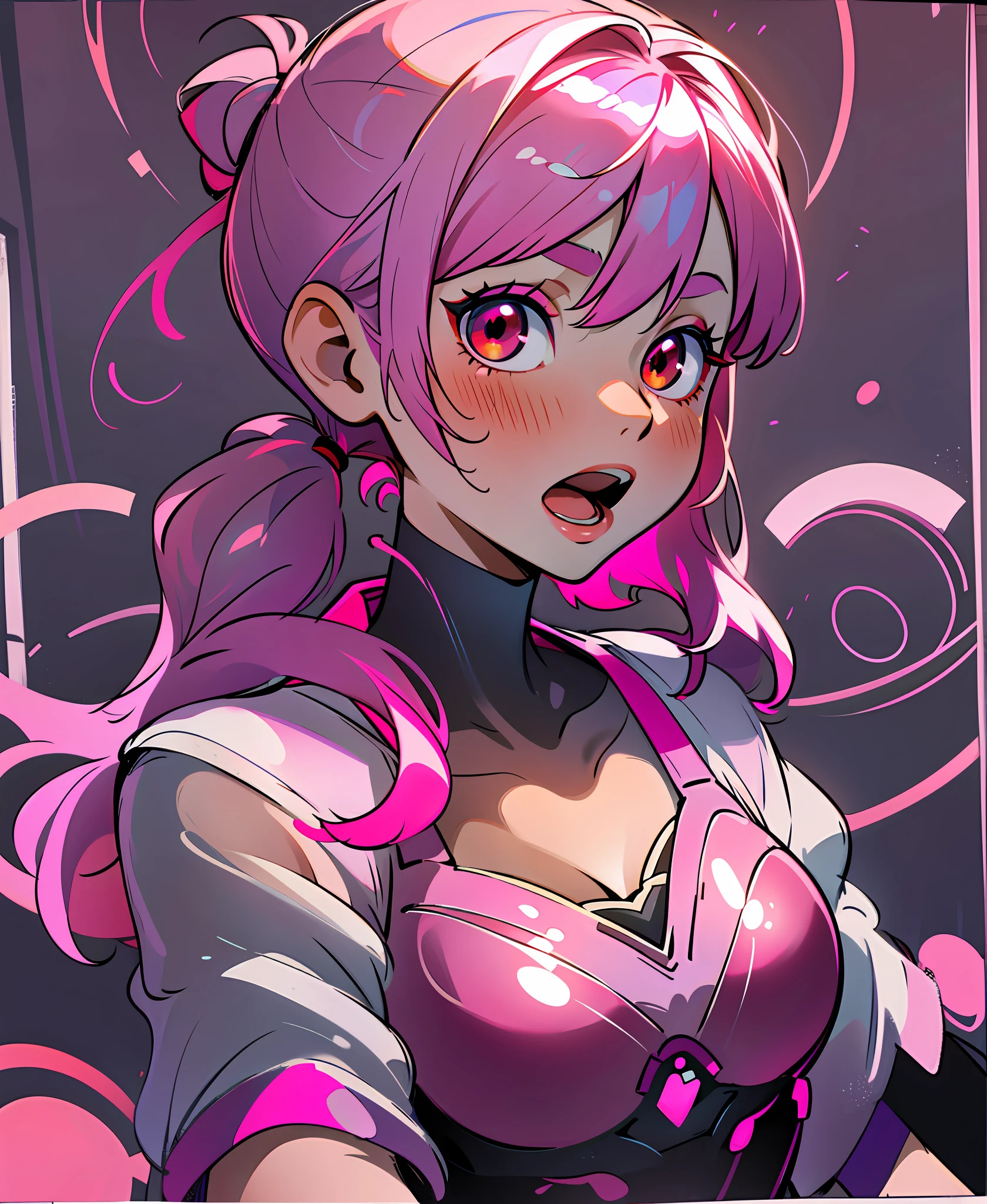 glowart: 1.0), (bright, sketch, drawing: 1.0), 1girl, bangs, red eyes bright relucent light in hair, blush, collarbone, hair between eyes, long hair, looking at viewer, bra, open mouth, pink hair, portrait, shiny, shiny hair, side ponytail,