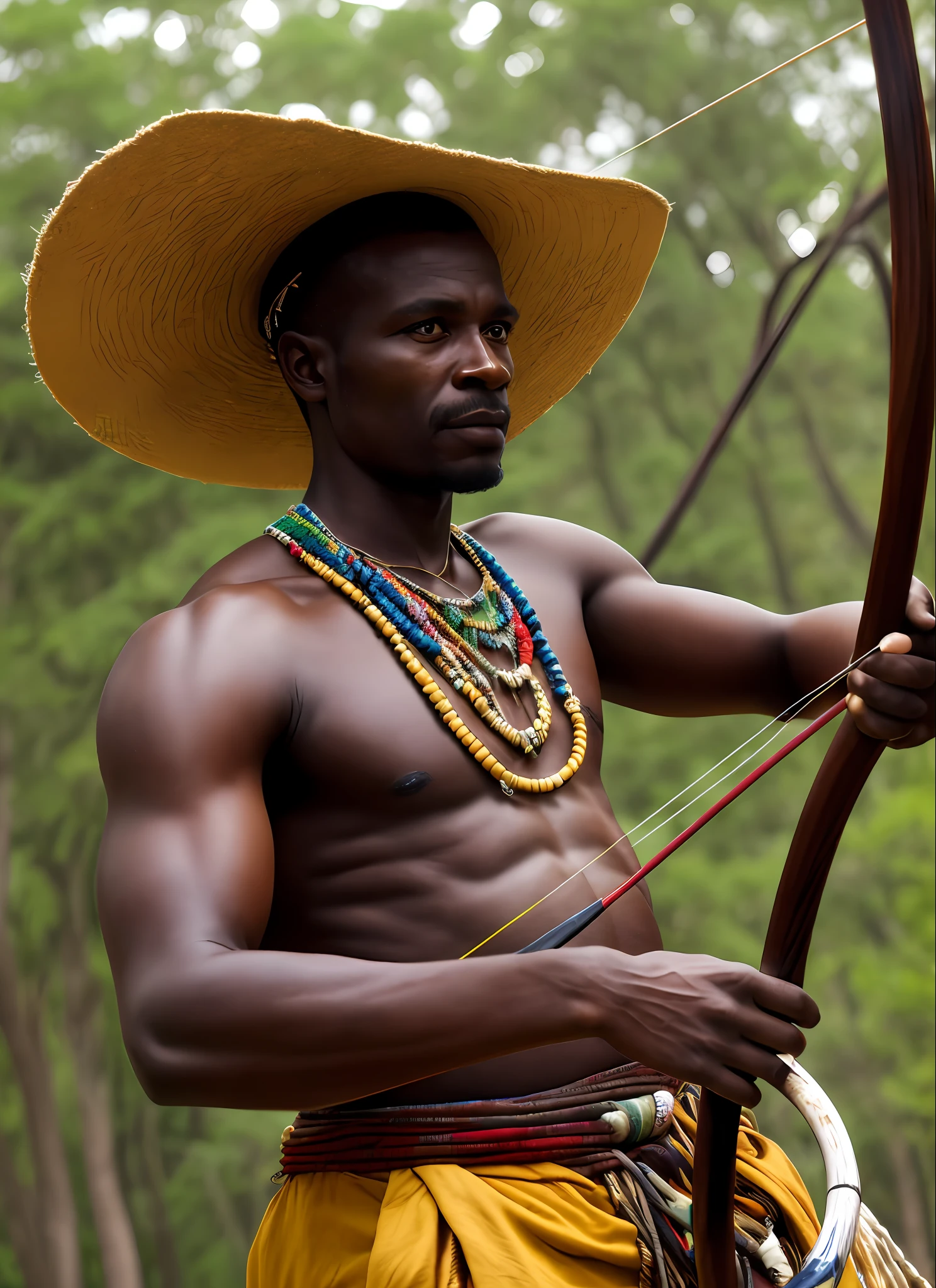 Closeup Portrait of an African man (((Orixá Oxossi))), wearing hat, bow and arrow, forest background