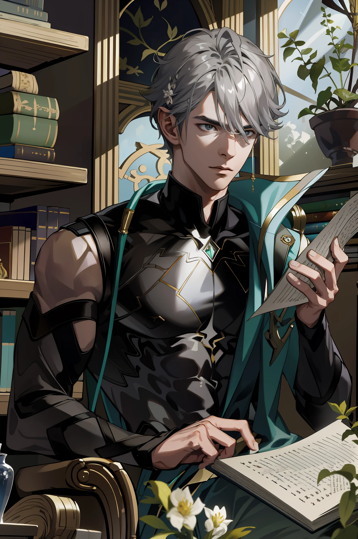 (absurdres, highres, ultra detailed), 1 male, young man, grey hair, dramatic lighting, detailed, masterpiece, in the library with books and paper scrolls