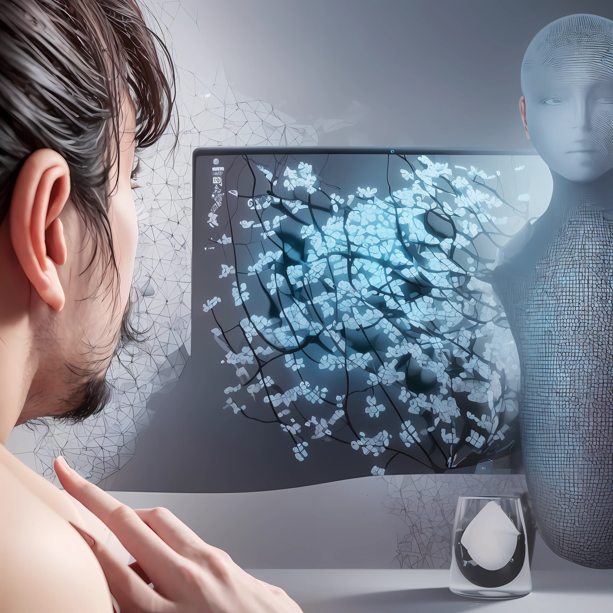 Create a high-definition, ultra-realistic image that encapsulates the interaction between artificial intelligence and psychoanalysis. The scene should depict a psychoanalyst in a session, deeply engrossed in listening and interpreting, while a symbolic representation of AI - perhaps a chatbot or a computer - is seen as a supplementary tool on the side. Clearly highlight the stark difference between the complexity of human interaction and the AI's presence in mental health. Also, please ensure the image reflects a sense of privacy and trust inherent to a psychoanalytic session --auto --s2