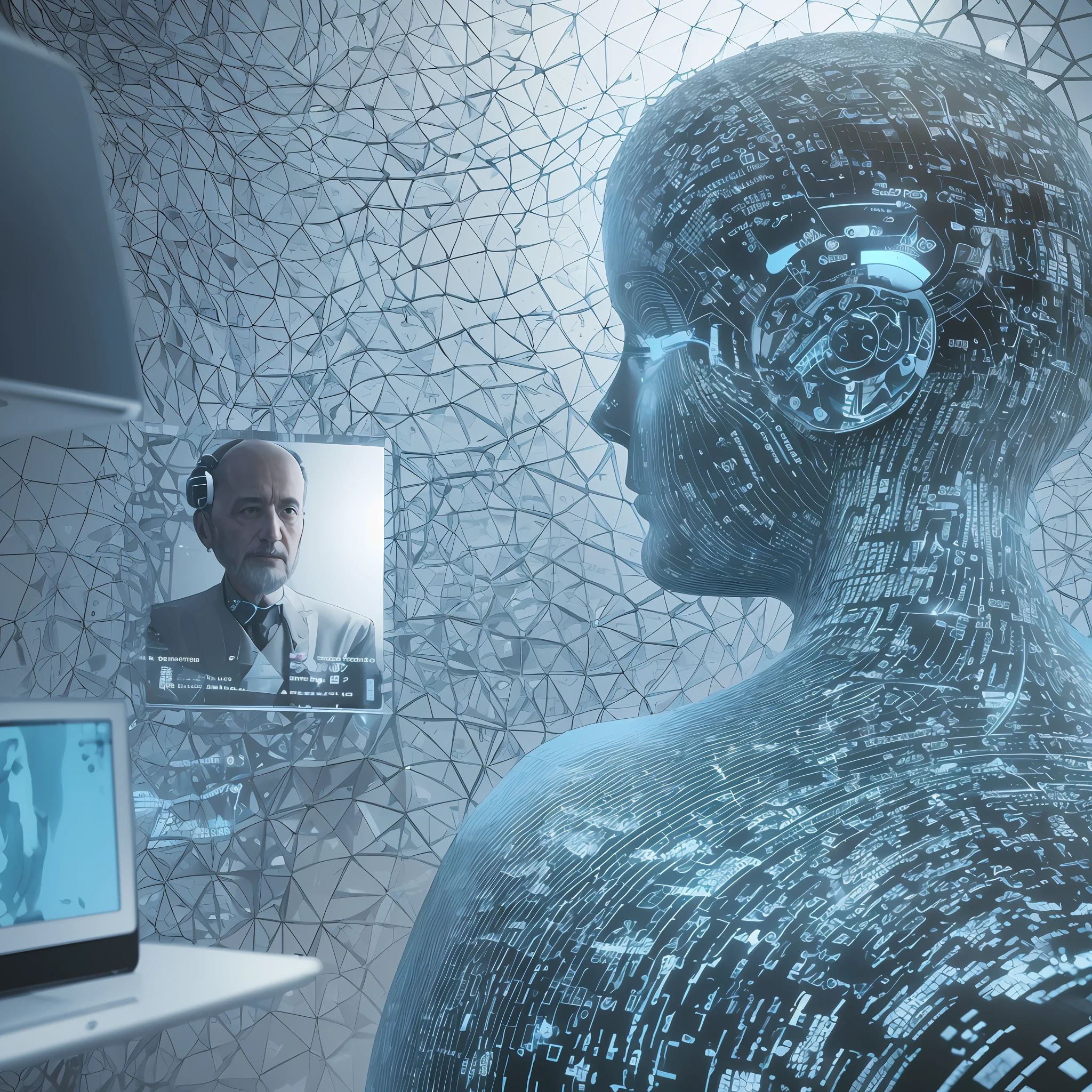 Create a high-definition, ultra-realistic image that encapsulates the interaction between artificial intelligence and psychoanalysis. The scene should depict a psychoanalyst in a session, deeply engrossed in listening and interpreting, while a symbolic representation of AI - perhaps a chatbot or a computer - is seen as a supplementary tool on the side. Clearly highlight the stark difference between the complexity of human interaction and the AI's presence in mental health. Also, please ensure the image reflects a sense of privacy and trust inherent to a psychoanalytic session --auto --s2