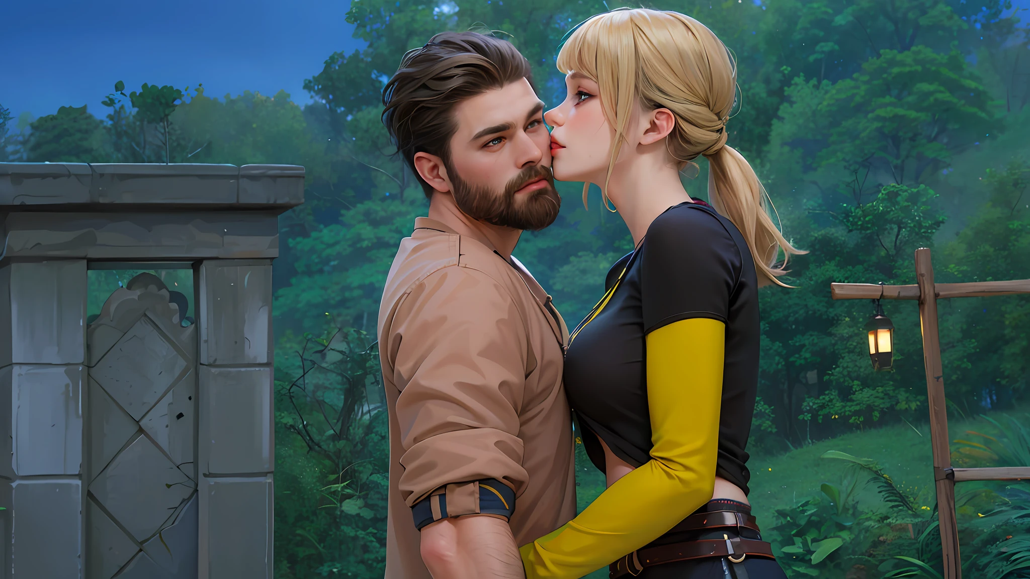 1 blonde girl, 1 brunet man with beard, adventurers, kiss on the cheek, jungle background, ancient ruins, (male and female), (masterpiece:1.2, best quality), dynamic lighting, (correct anatomy), a high resolution, (beautiful detailed faces), (detailed beautiful eyes: 1.2), (detailed 8k wallpaper, masterpiece, best quality, best shadow), (detailed background), Photoshoot, Depth of Field, Blur Effect, F/22, 2.5D, Full-HD, (Unreal Engine), (Artstation), Rim Lighting, Studio Lighting, Anti-Aliasing