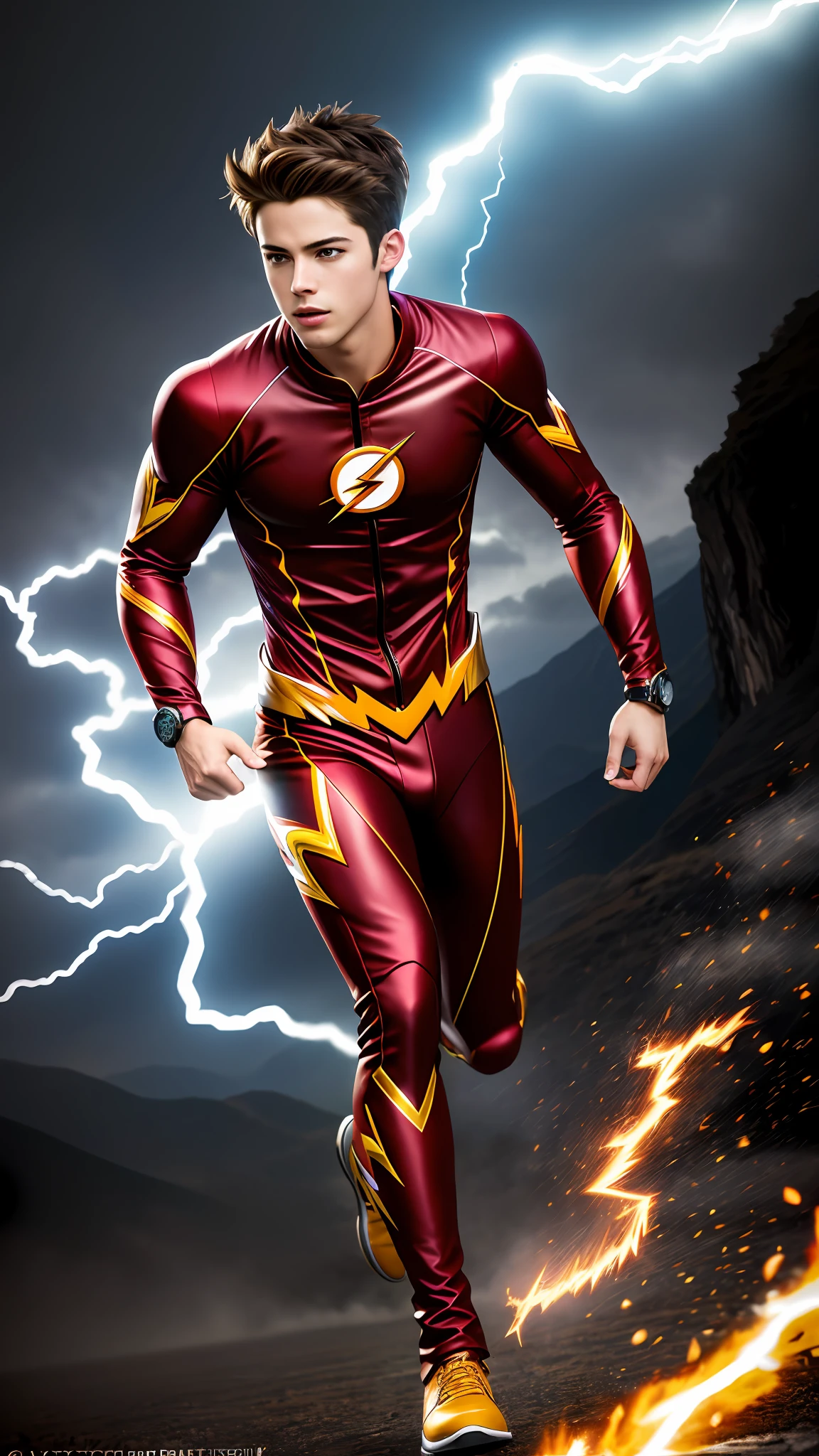 (best quality:1.33), (masterpiece:1.42), (realistic:1.24), (detailed:1.15), , high contrast and dynamic pose, movement, energy, smoke, mist, wind, energy from body, speed, running,
Generate an image of Grant Gustin as the Flash with flashy, (intricate suit:1.3), eye-catching special effects, like energy blasts or lightning bolts, in the style of Ross Tran,
professional photoshoot, action shot, cowboy shot,