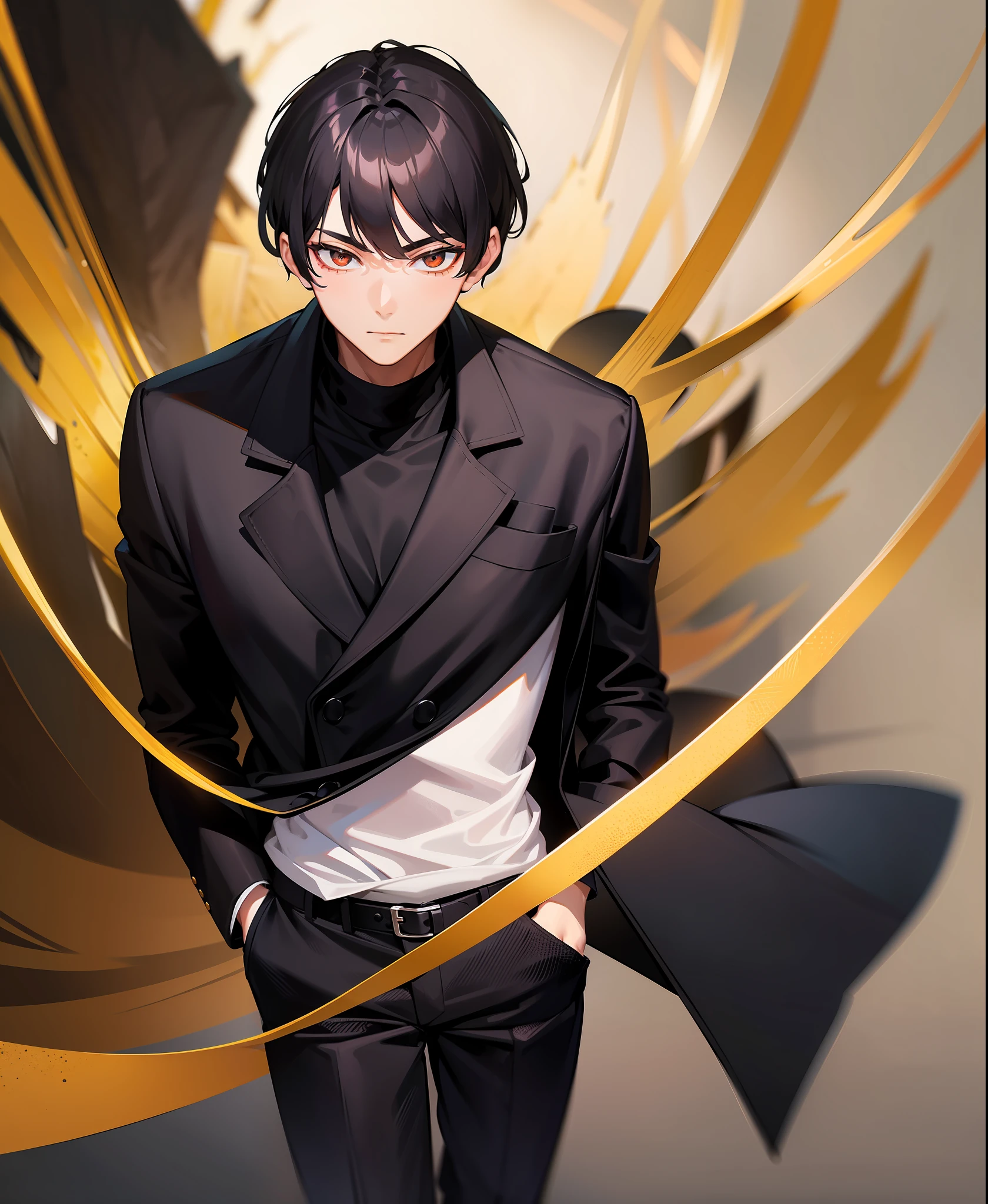 masterpiece, 1boy, solo, black hair, golden eyes, black coat, white shirt, black jeans, standing, casual pose