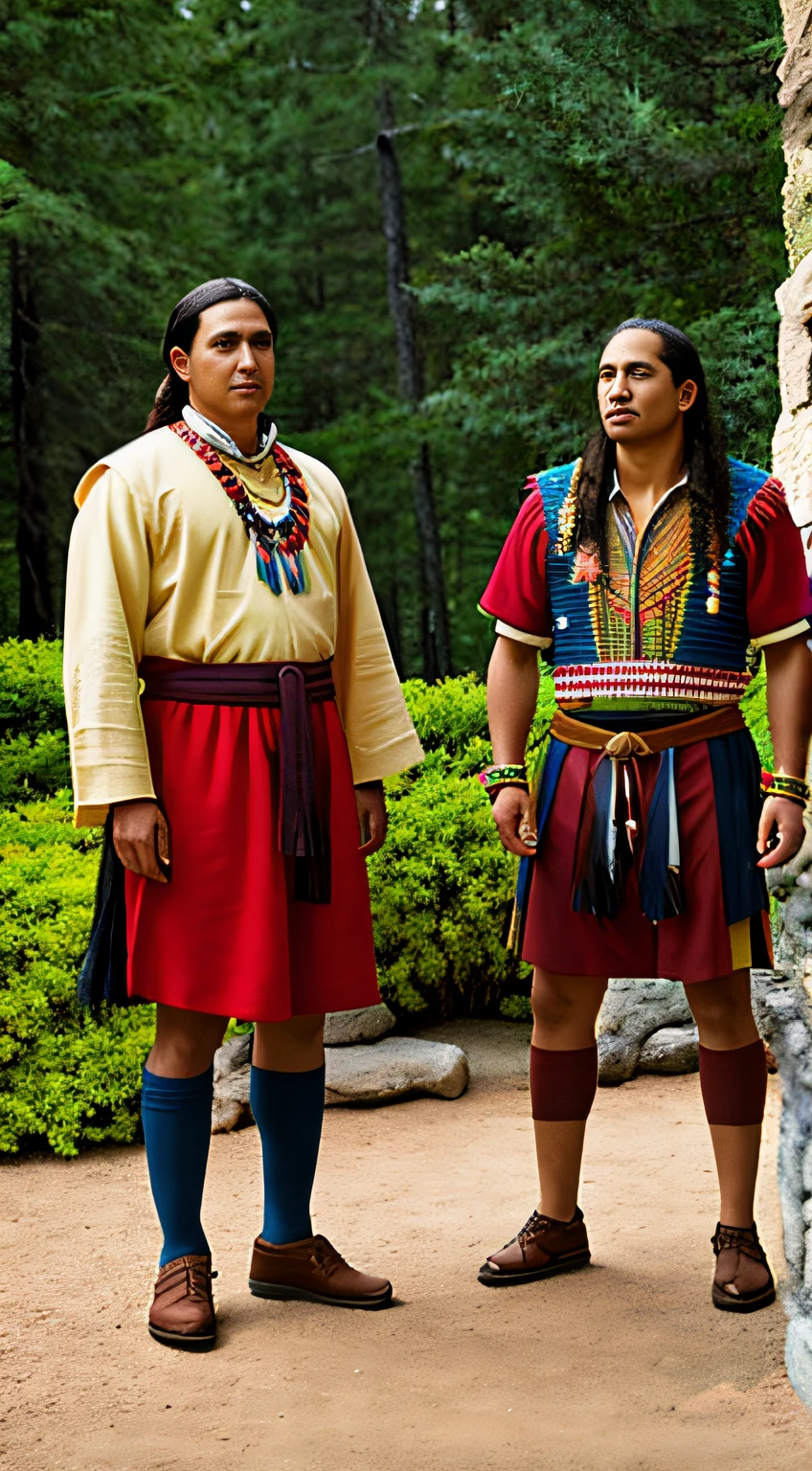 "Exploration of Christopher Columbus meeting with Native Americans, showcasing peaceful interactions between cultures. (Period-accurate clothing:1.2) worn by Columbus and (traditional clothing:0.9) worn by Native Americans in a lush outdoor setting with realistic style and attention to detail of the vegetation."