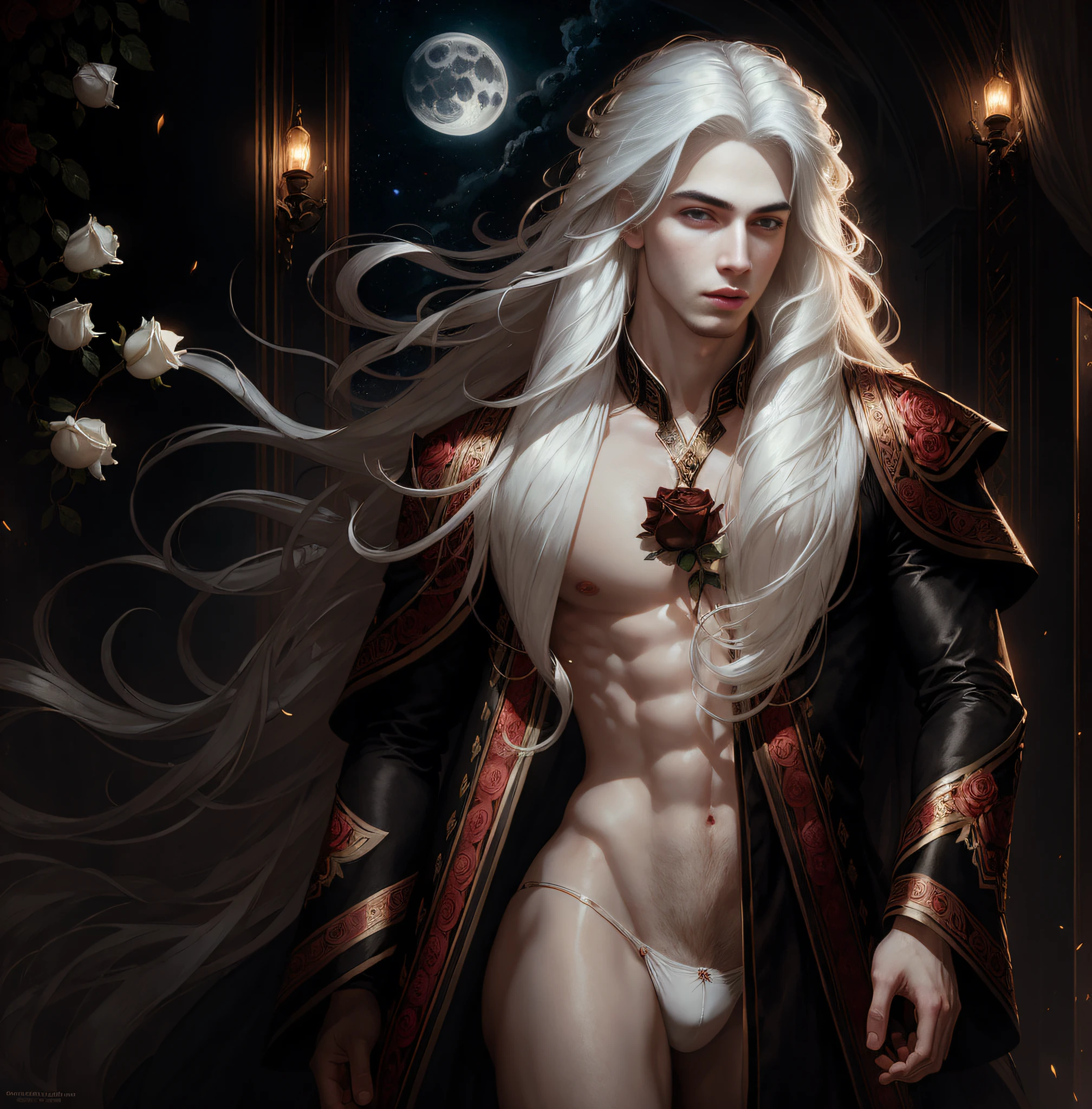 masterpiece, highest quality, (solo focus), (perfect face:1.1), (high detail:1.1),dramatic, 1guy, (pale skin), long white hair, white eyes, [light eyebrows], solo, long hair, moon, night, black thong, bulge, pouty lips, detailed background, art by artgerm and greg rutkowski, cinematic lighting, roses, fashion, BalenciagaStyle