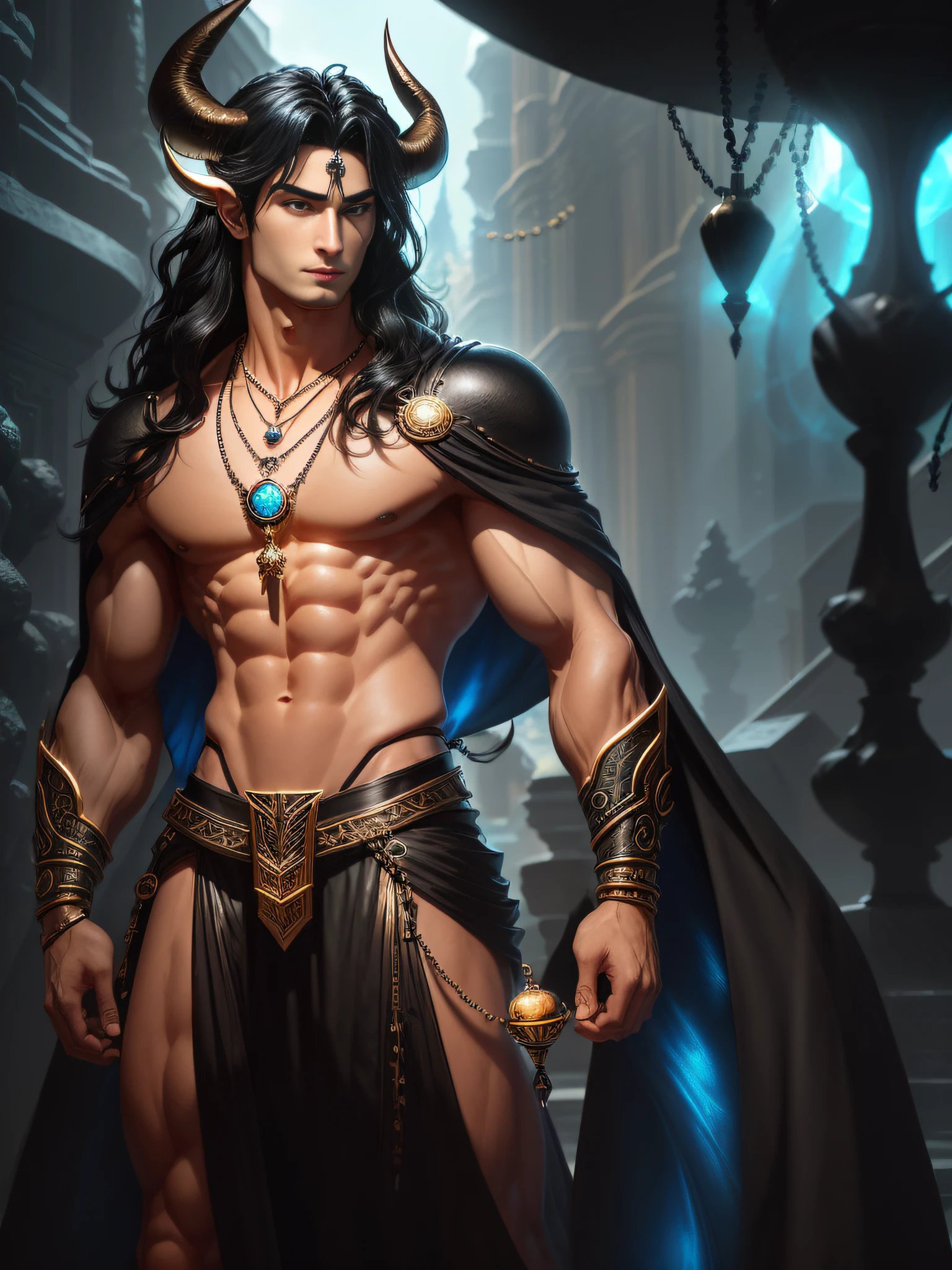 ((Best Eye Quality, 8K Eyes, Masterpiece: 1.3)), A seductive and virile figure of Hades, with ((perfect blue eyes: 1.3)), , black  thong, bulge, long black hair, white skin and a perfect face, ((his black horns a sign of his power: 1.3)), stands tall with a perfect body and body proportions, ((wearing a necklace with a pendant of a shiny black round stone:1.3)),  all rendered in a unique and creative style, all rendered in a detailed, high-quality style, ((Detailed rendered eyes:1.3)), ((looking at the viewer:1.3))