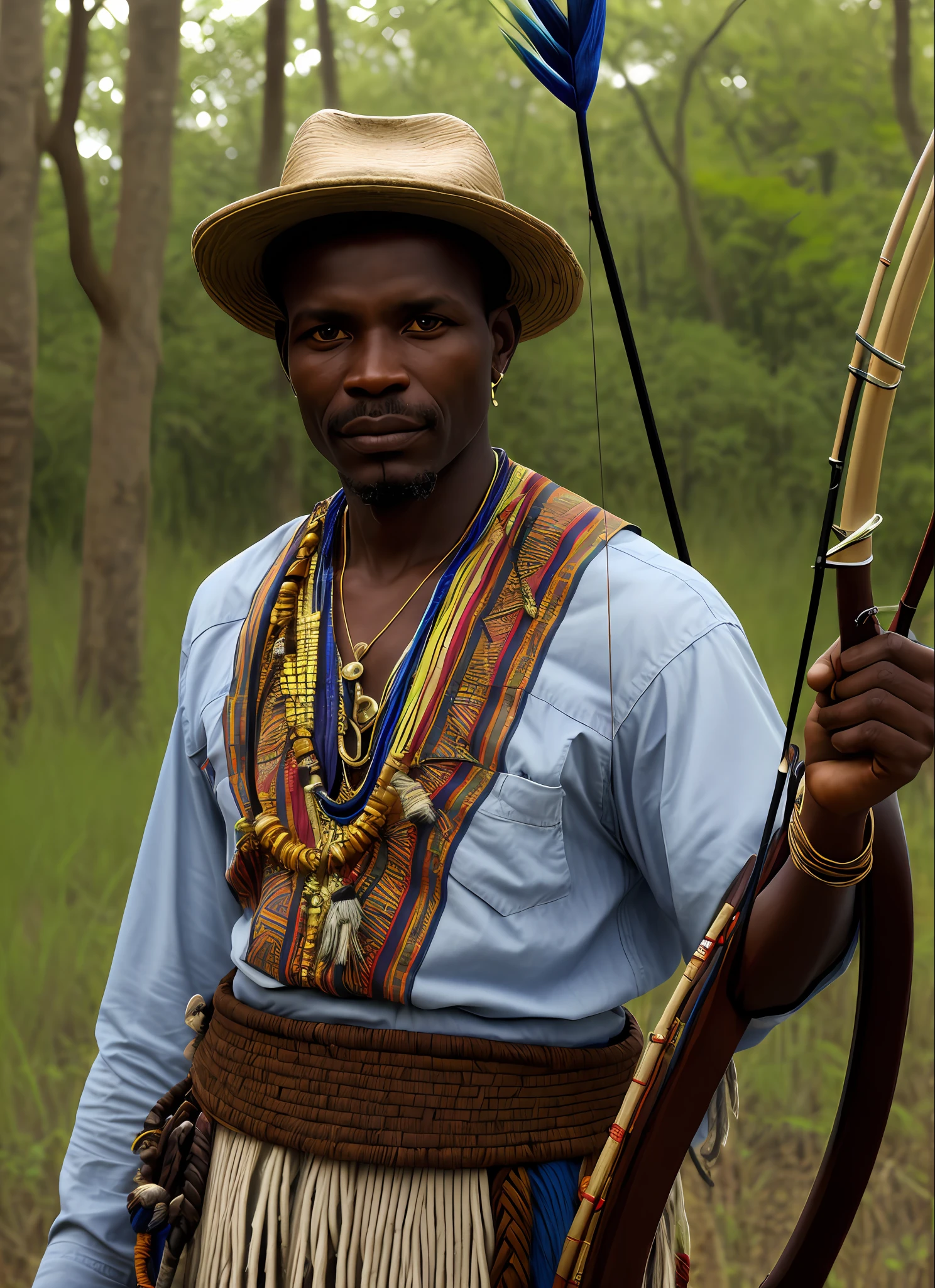Closeup Portrait of an African man (((Orixá Oxossi))), hunter wearing hat, bow and arrow, forest background
