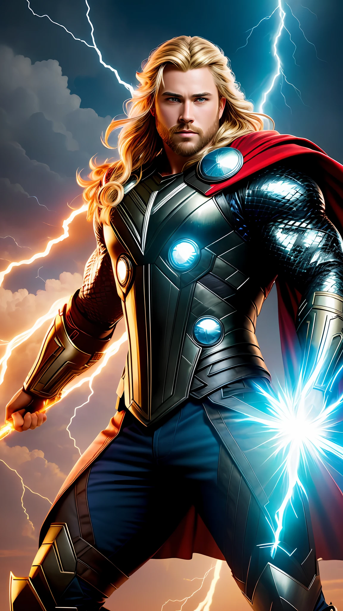 (best quality:1.33), (masterpiece:1.42), (realistic:1.24), (detailed:1.15), 
Generate an image of Thor with flashy, eye-catching special effects, like energy blasts or lightning bolts, in the style of Ross Tran,
professional photoshoot,  action shot,   cowboy shot, kaleidoscope