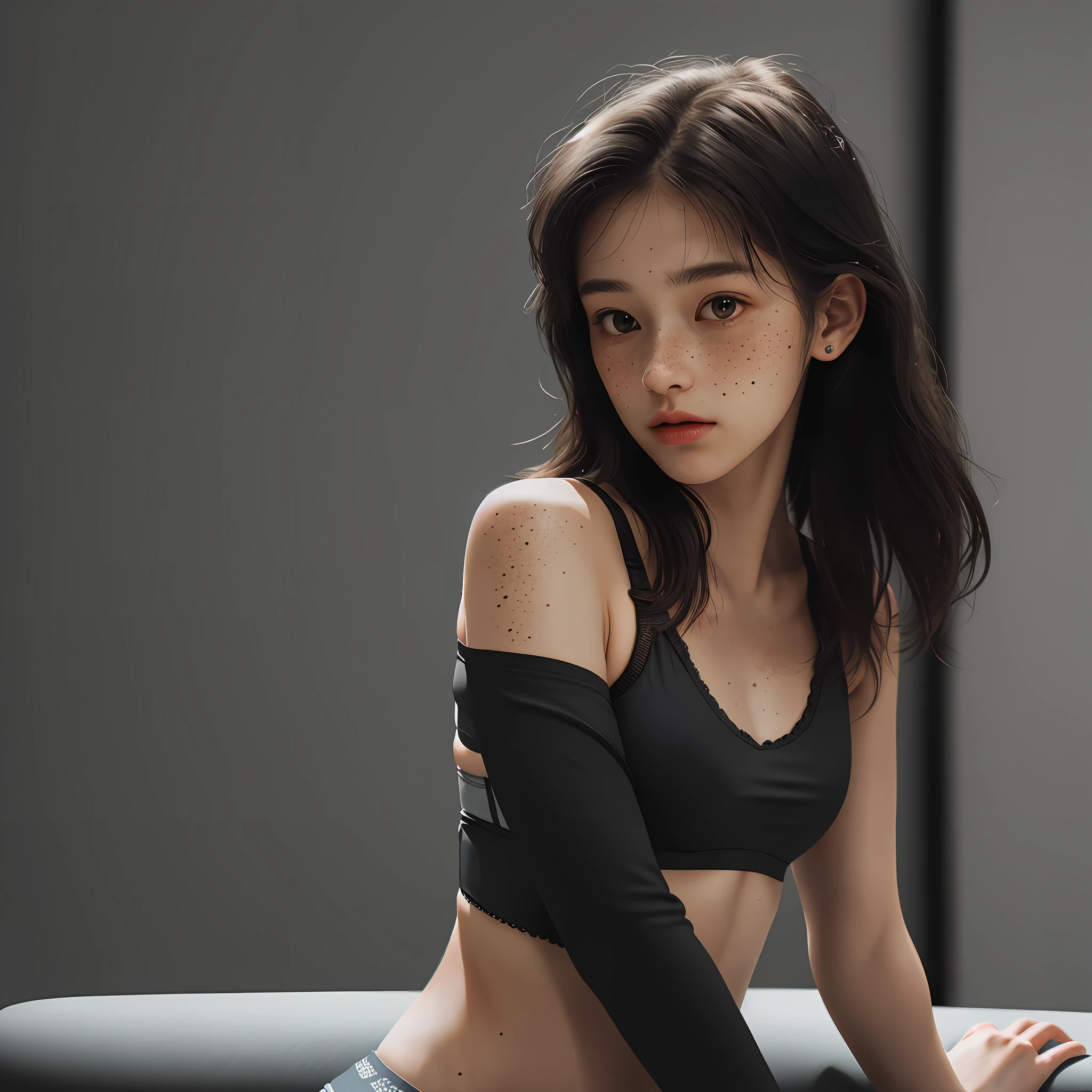 ultra realistic photo, ((21 year old girl wearing training bra)), deanwo, (narrow hips), (freckles: 1.0), 1girl, blush, masterpiece, best quality, absurd, award-winning photo, extreme detail, extremely intricate,
detailed face + eyes, natural lighting, realistic, highly detailed, photography, masterpiece, high quality, high quality, highres, sexy, lovely, detailed face, full body, beautiful face, open black shirt, goosebumps, 1solo, 1girl