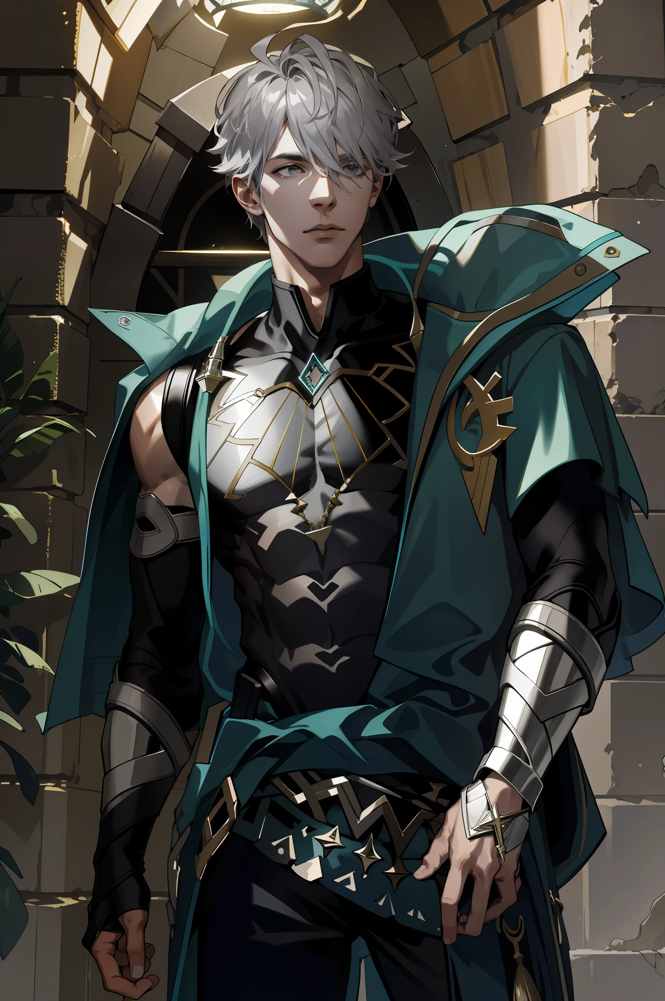 (absurdres, highres, ultra detailed), 1 male, young man, grey hair, dramatic lighting, detailed, masterpiece, inside the ancient pyramid in the desert