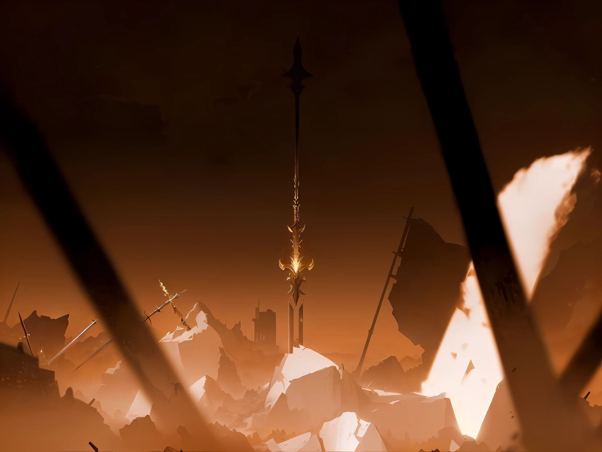 A golden spear stuck in the ground, destroyed environment, spear with the greatest prominence, spear of destiny, spear that pierced a god, focus on the spear, longinuslanze testament, dies irae, dramatic illumination. Concept Art, Nier Automata Concept Art