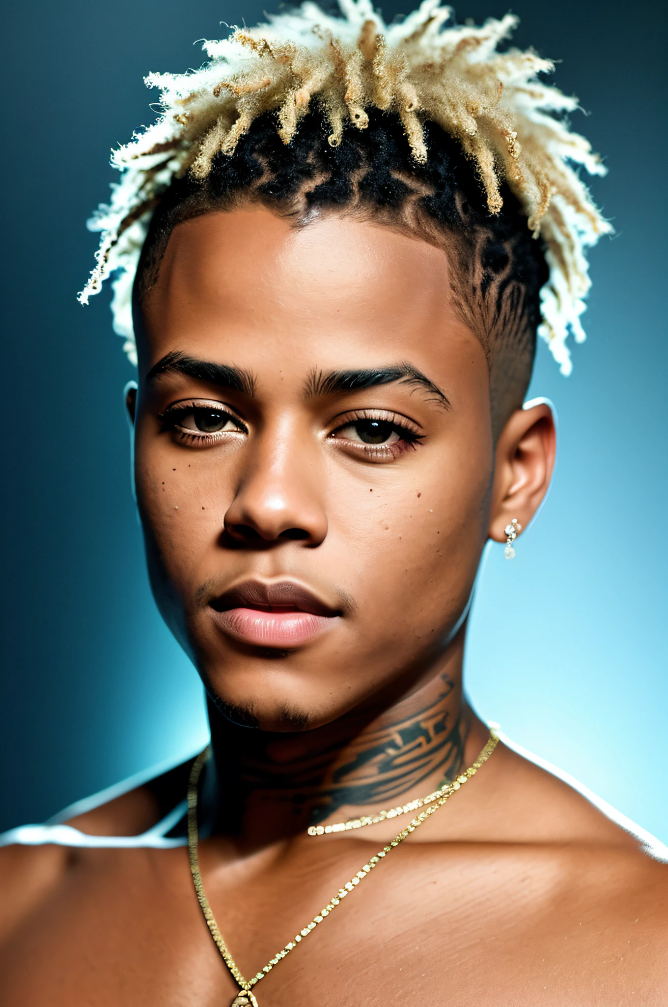 xxxtentacion, decorated with sparkling glow, neon lights, original style, captivating look, captivating expression. The background should be neutral and simple, paying close attention to details like the highlights and shadows on your face and hair to create a realistic and realistic image. Try different lighting techniques to improve the mood and mood of your portraits. Highly detailed skin, skin detail, sharp focus, volumetric mist, 8k uhd, dslr, high quality, film grain, fujifilm xt3, (best quality: 1.4), (masterpiece: 1.4), (detail: 1.3)