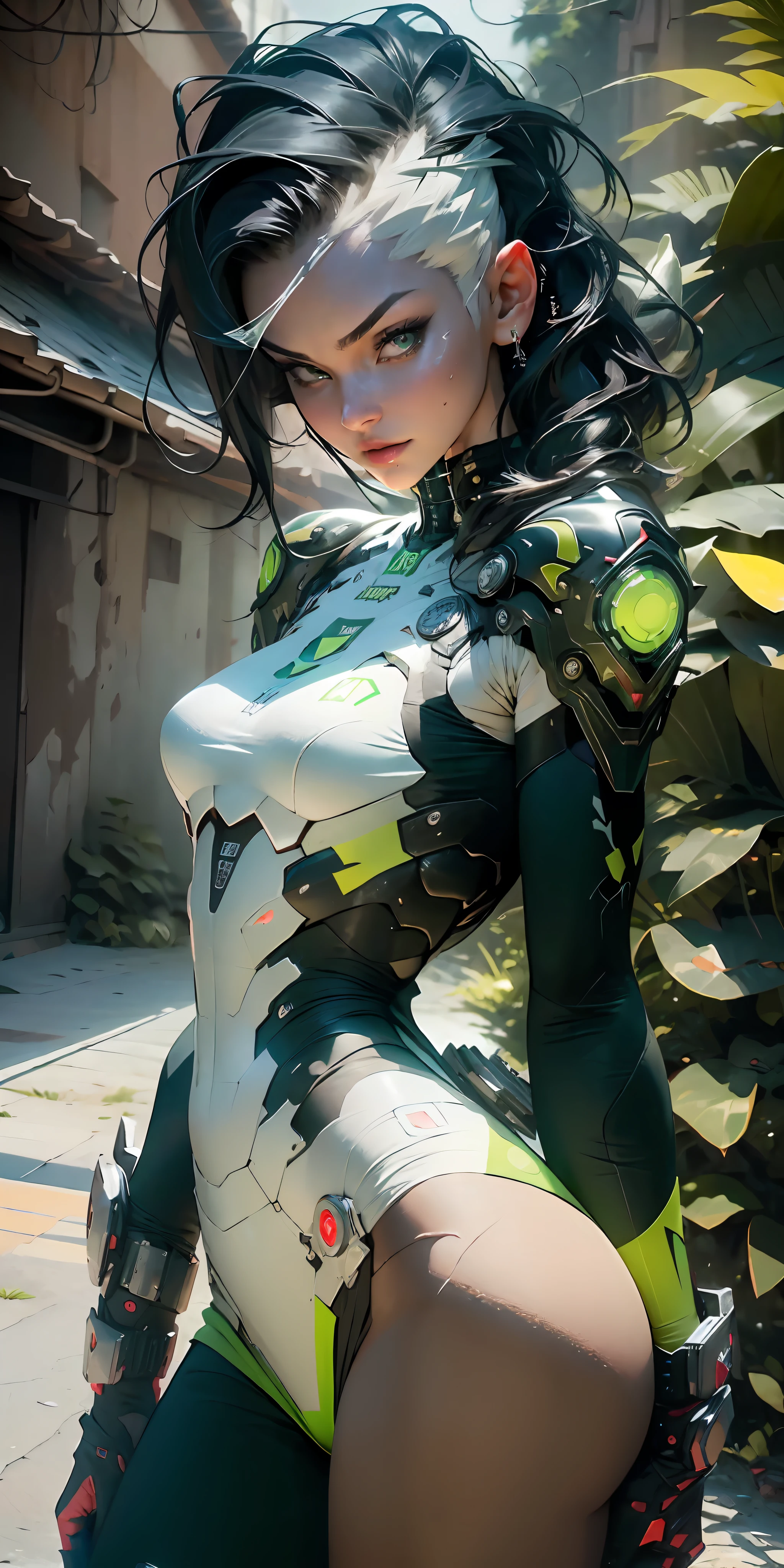 ((Best quality)), ((masterpiece)), (detailed: 1.4), (((100% green)))), woman defined body, whole body, bare thighs, body parts covered by cyberpunk clothing, rays painted by body body, green is the predominant color in clothing, wear blue, yellow, tanned and sweaty skin, ((large breasts)) perfect, generous neckline, pastel, black mohawk hair with small white locks, short underwear, cinta liga, por mucha, niji, close to real, best quality, almost naked, psychopath, crazy face, action pose, sexy pose, starry night background, imitating outfit, tattoos flag of Brazil, green bra with white stars, 5-pointed stars painted the breasts, (((clothes with the colors of the flag of Brazil)))), shoulder pads with pointed pins, red eyes without pupils, HDR (High Dynamic Range),Ray Tracing,NVIDIA RTX,Super-Resolution,Unreal 5,Subsurface Dispersion, PBR Texture, Post-processing, Anisotropic filtering, Depth of field, Maximum clarity and sharpness, Multilayer textures, Albedo and specular maps, Surface shading, Accurate simulation of light-material interaction, Perfect proportions, Octane Render, Two-tone lighting, Wide aperture, Low ISO, White balance, Rule of thirds, 8K RAW, crysisnanosuit