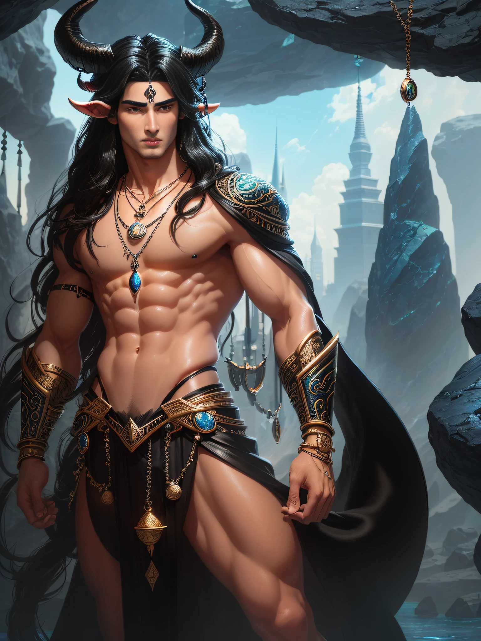 ((Best Eye Quality, 8K Eyes, Masterpiece: 1.3)), A seductive and virile figure of Hades, with ((perfect blue eyes: 1.3)), , black thong, bulge, long black hair, white skin and a perfect face, ((his black horns a sign of his power: 1.3)), stands tall with a perfect body and body proportions, ((wearing a necklace with a pendant of a shiny black round stone:1.3)), all rendered in a unique and creative style, all rendered in a detailed, high-quality style, ((Detailed rendered eyes:1.3)), ((looking at the viewer:1.3))