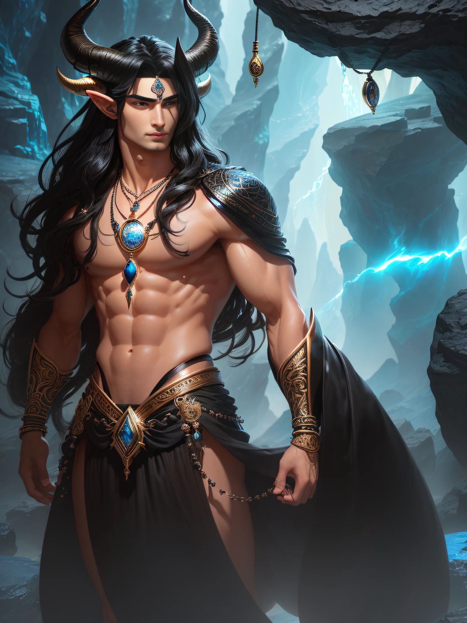 ((Best Eye Quality, 8K Eyes, Masterpiece: 1.3)), A seductive and virile figure of Hades, with ((perfect blue eyes: 1.3)), , black thong, bulge, long black hair, white skin and a perfect face, ((his black horns a sign of his power: 1.3)), stands tall with a perfect body and body proportions, ((wearing a necklace with a pendant of a shiny black round stone:1.3)), all rendered in a unique and creative style, all rendered in a detailed, high-quality style, ((Detailed rendered eyes:1.3)), ((looking at the viewer:1.3))