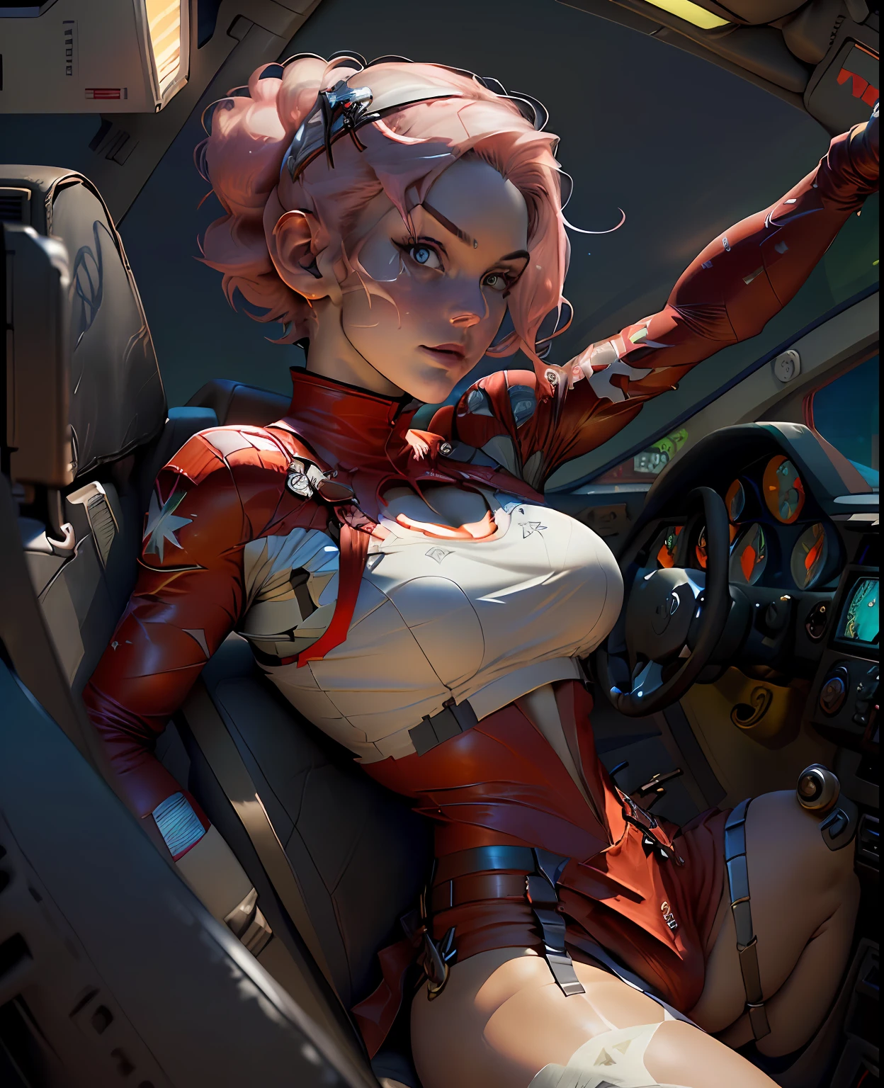 ((Best quality)), ((masterpiece)), (detailed: 1.4), Fighter pilot woman fitness body defined, half thick  thighs, closed mouth, , muscular body parts covered by technological clothing, ((()) perfect, generous neckline, (((red clothing)), CCCP, pastel, short white hair with nasal topknot and shaved, short , garter belt, tiara with metallic horns, by mucha,  niji, close to real, best quality, , psychopathic, crazy face, inside an airplane cockpit, piloting,  pose, starry night background, outfit imitating P40 plane with shark mouth, rot rod flame tattoos, vintage, dark red bra with yellow stars, stars covering , (((clothes with the colors of the flag of the Soviet Union))),  Pointed shoulder pads, White eyes without pupils, HDR (High Dynamic Range),Ray Tracing,NVIDIA RTX,Super-Resolution,Unreal 5,Subsurface dispersion, PBR texture, Post-processing, Anisotropic filtering, Depth of field, Maximum clarity and sharpness, Multilayer textures, Albedo and specular maps, Surface shading, Accurate simulation of light-material interaction, Perfect proportions, Octane Render, Two-tone lighting, Wide aperture, Low ISO,  White Balance, Rule of Thirds, 8K RAW, crysisnanosuit
